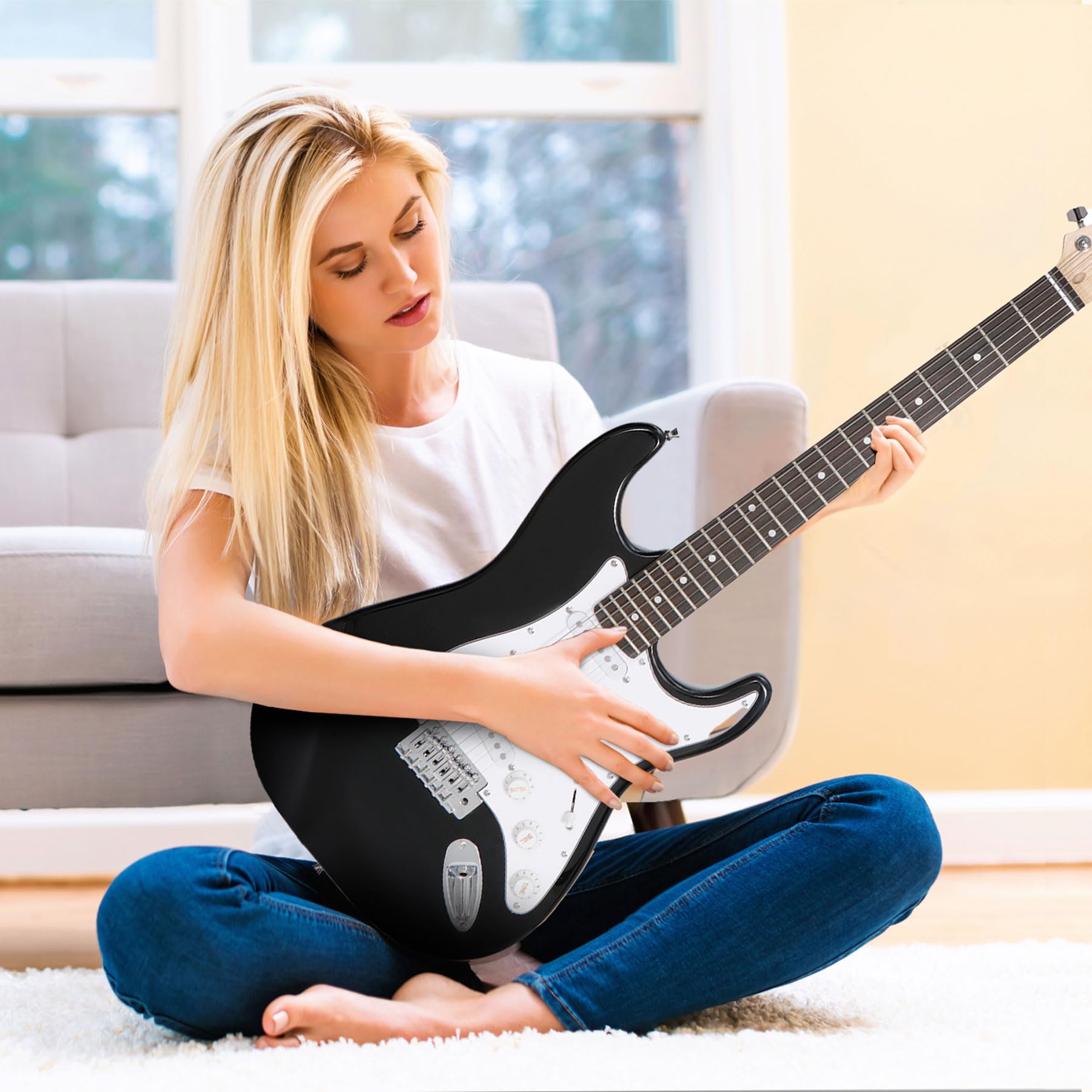 **39-Inch Full Size Electric Guitar Starter Kit with Adjustable Strap, 10W Amp, Gig Bag & Strings – Perfect for Beginners, Kids & Teens – Ideal for Practice, Performances & Home Learning (Black)**