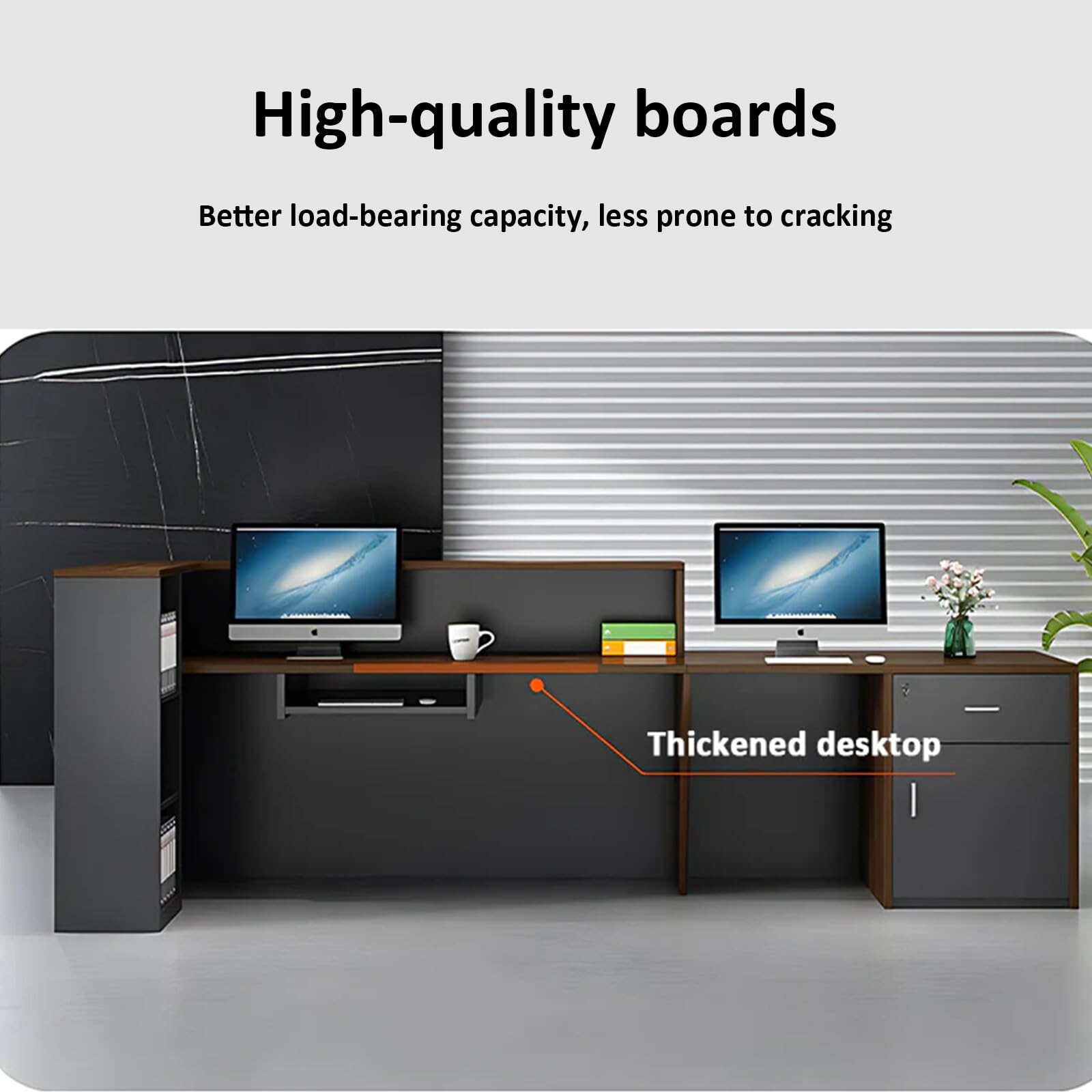 Modern L-Shaped Reception Desk with Hutch - Office Wooden Computer Front Desk with Lockable Drawer & Cabinet - 62.99
