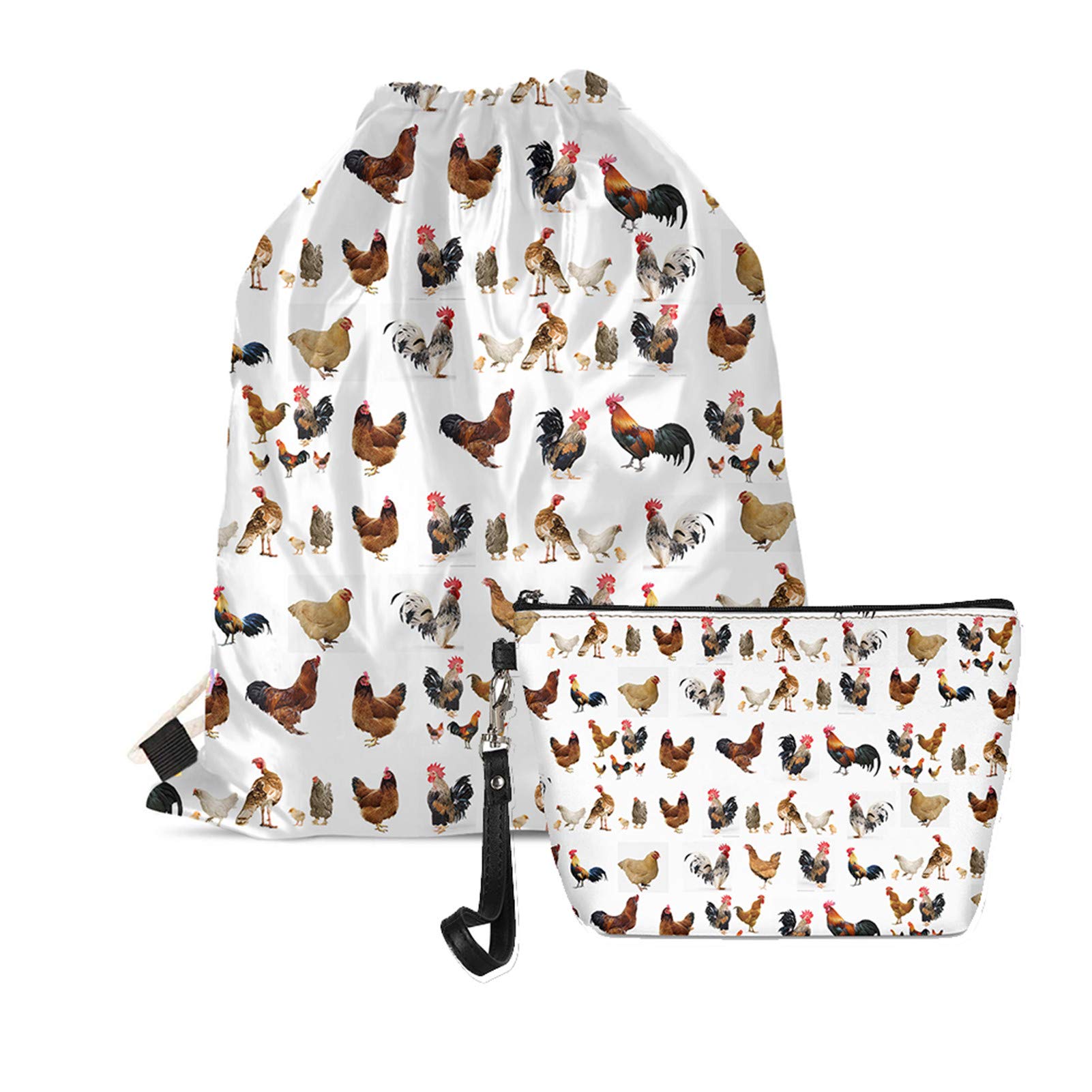TOADDMOS 2-Piece Set Chicken Print Drawstring Backpack & Matching Makeup Pouch - Lightweight Gym Sack, Sports Bag for Beach, Travel, Workout & School - Perfect for Swimming, Yoga, Gym & Outdoor Activities