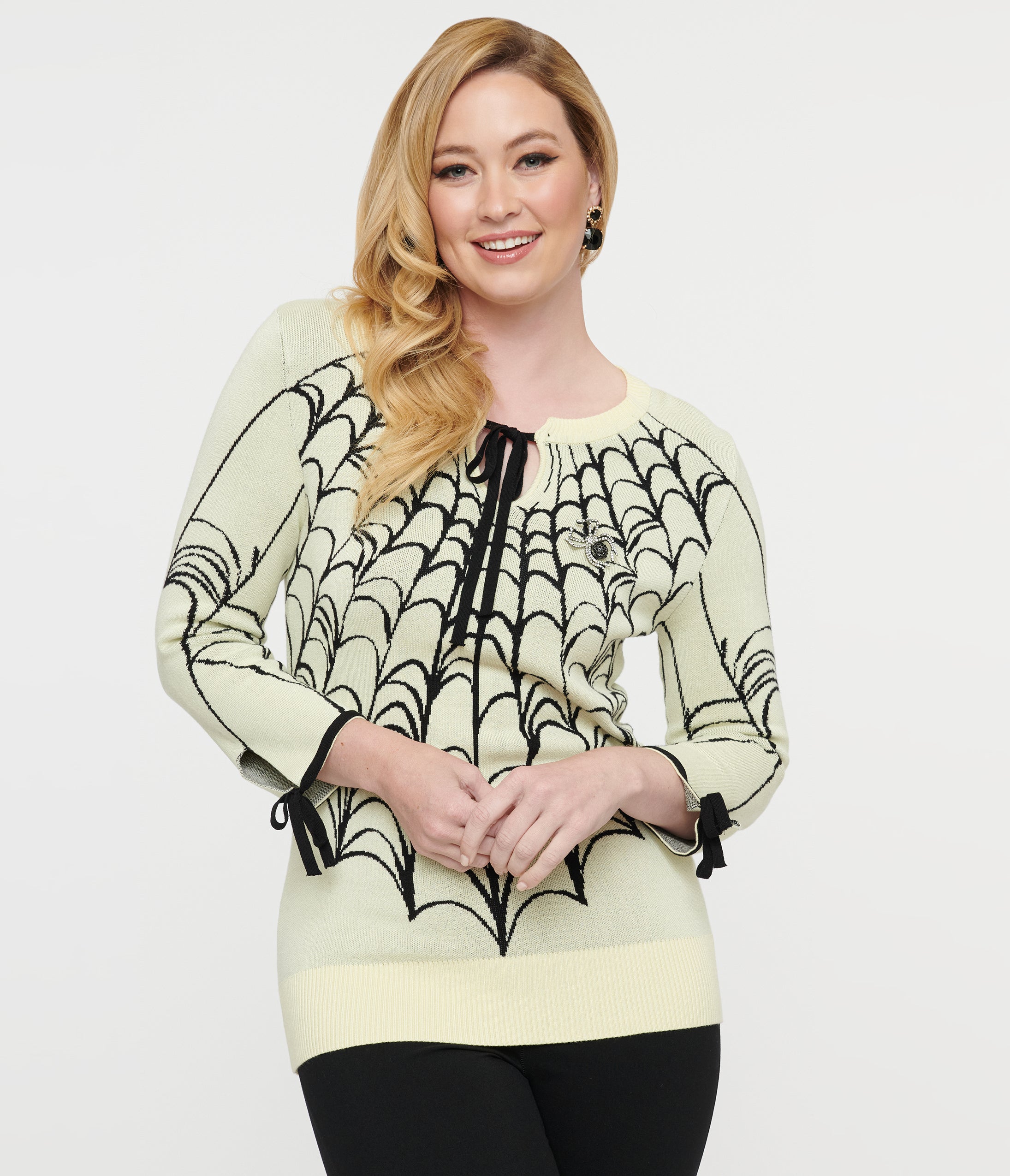 Vintage Black and Cream Spiderweb Keyhole Sweater - Gothic Halloween Pullover for Women, Perfect for Costume Parties & Fall Fashion
