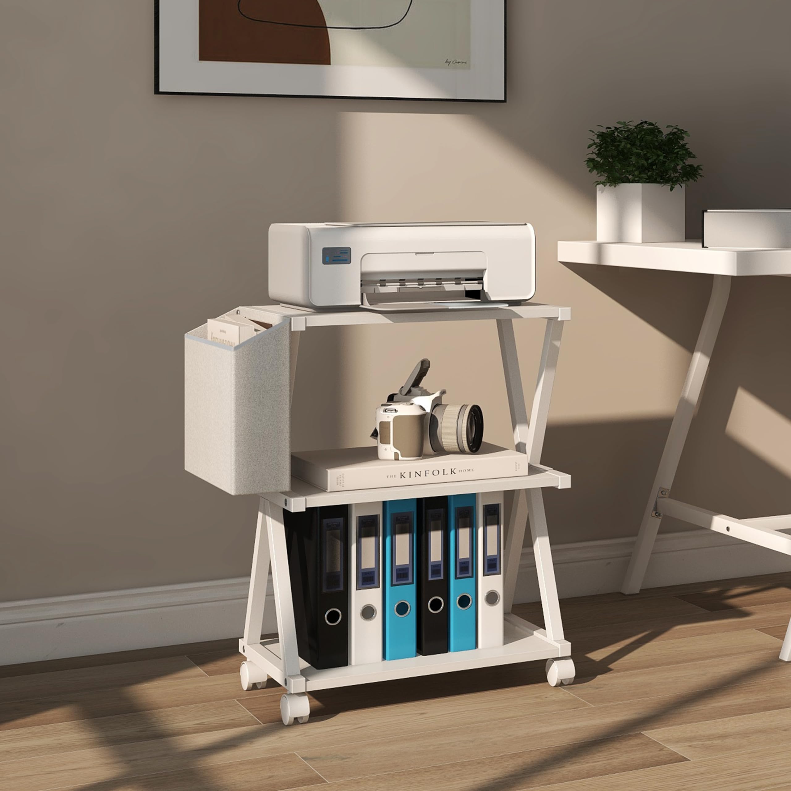 VEDECASA White 3-Tier Mobile Printer Stand - Wood Shelf & Metal Frame Printer Cart with Storage Bag & Rolling Caster Wheels for Home Office | Under Desk Printer Organizer for Laser, Inkjet Printers & Office Supplies Storage