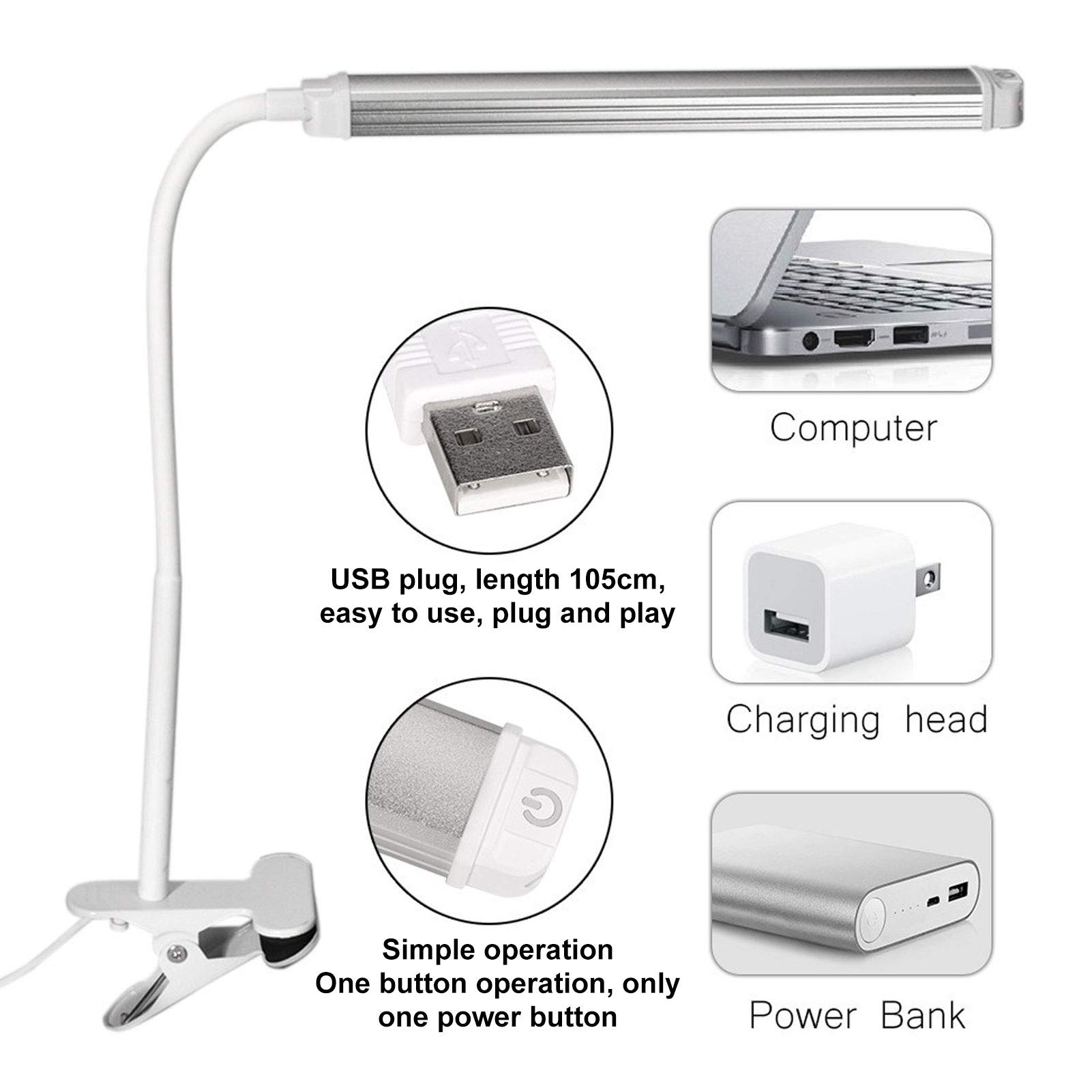 Adjustable LED Desk Lamp with Clamp - USB Powered Eyecare Light with 3 Color Modes, One-Touch Control Gooseneck Task Light for Reading, Working, Nail Art & Tattoo - Perfect for Home Office, Study & Beauty Salon