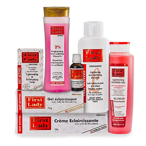 First Lady Original Fast Actives Skin Brightening Kit - Lightening Lotion, Cream, Gel, Serum, Soap & Glycerin Shower Gel for Even Skin Tone | Dark Spot Corrector for Face & Body | Perfect for Daily Skincare Routine & Hyperpigmentation Treatment