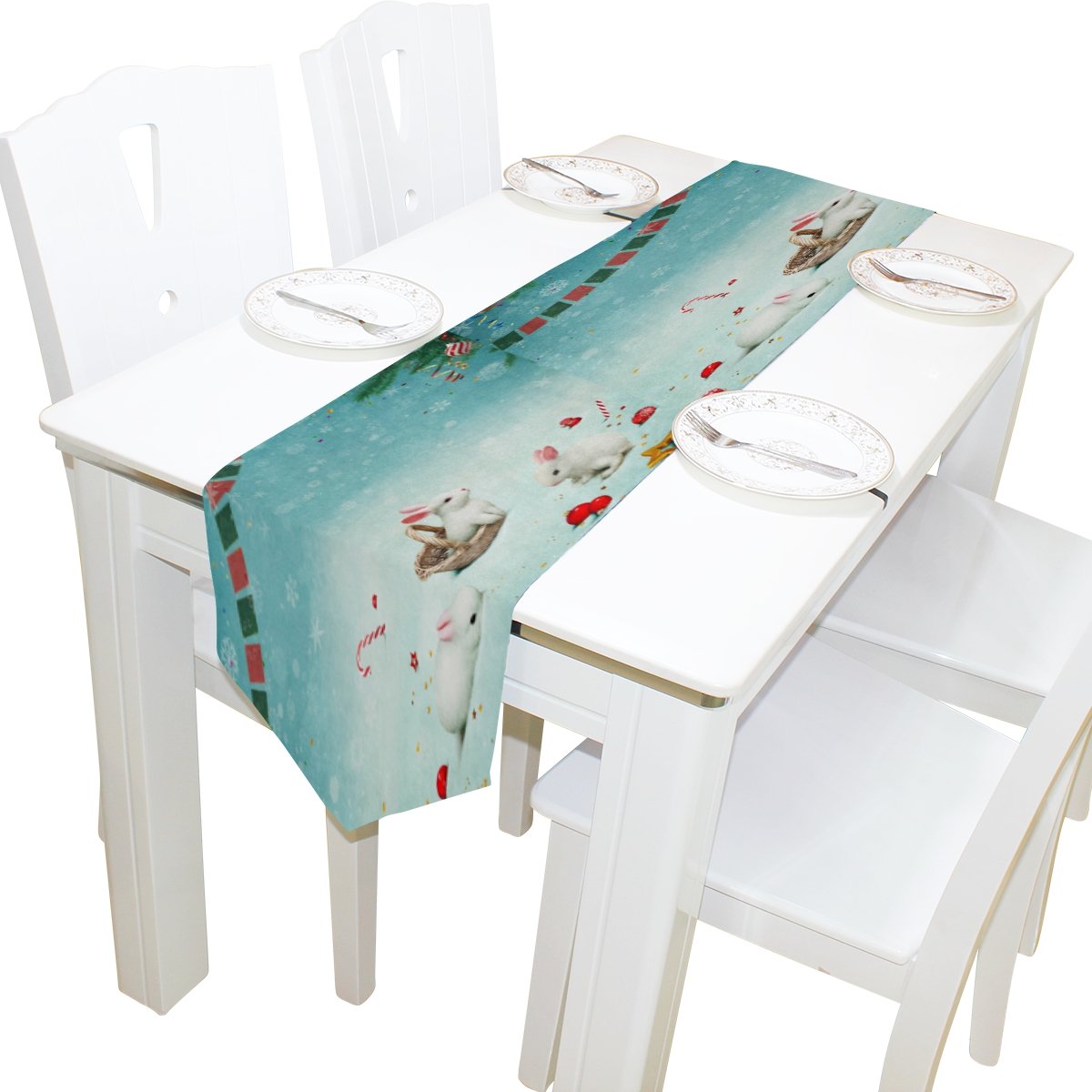 WOZO 13x70 Inches Pine Tree Bunny Rabbit Easter Table Runner Placemat - Decorative Kitchen Dining Table Cover for Home, Coffee Shops & Holiday Decorations | Perfect for Easter, Spring & Farmhouse Themed Parties