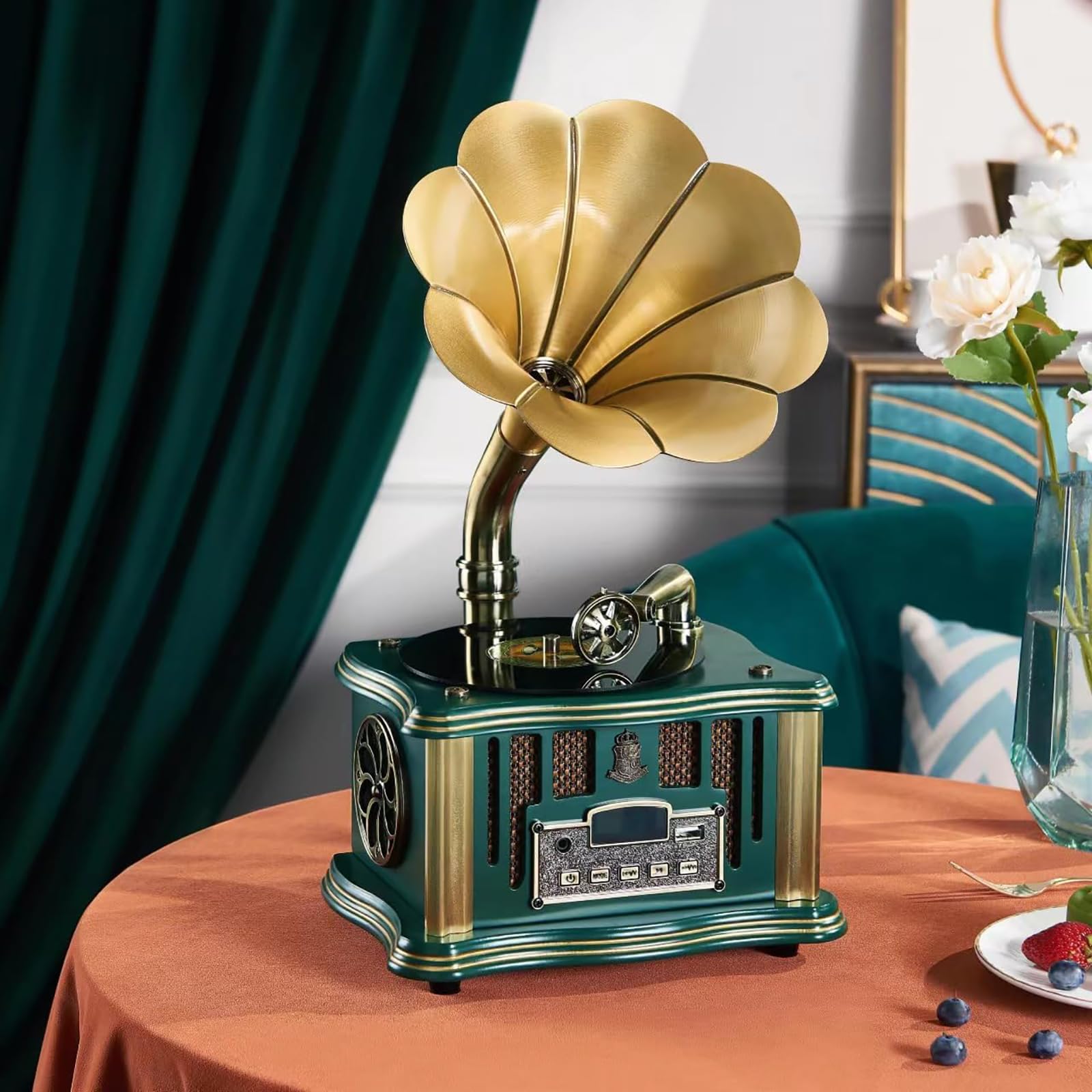 Vintage Bluetooth Turntable Gramophone with Built-in Speaker, 3.5mm Aux/USB/FM - Wireless Vinyl Record Player for Home, Office & Music Enthusiasts | Perfect for Parties, Gifts & Retro Decor