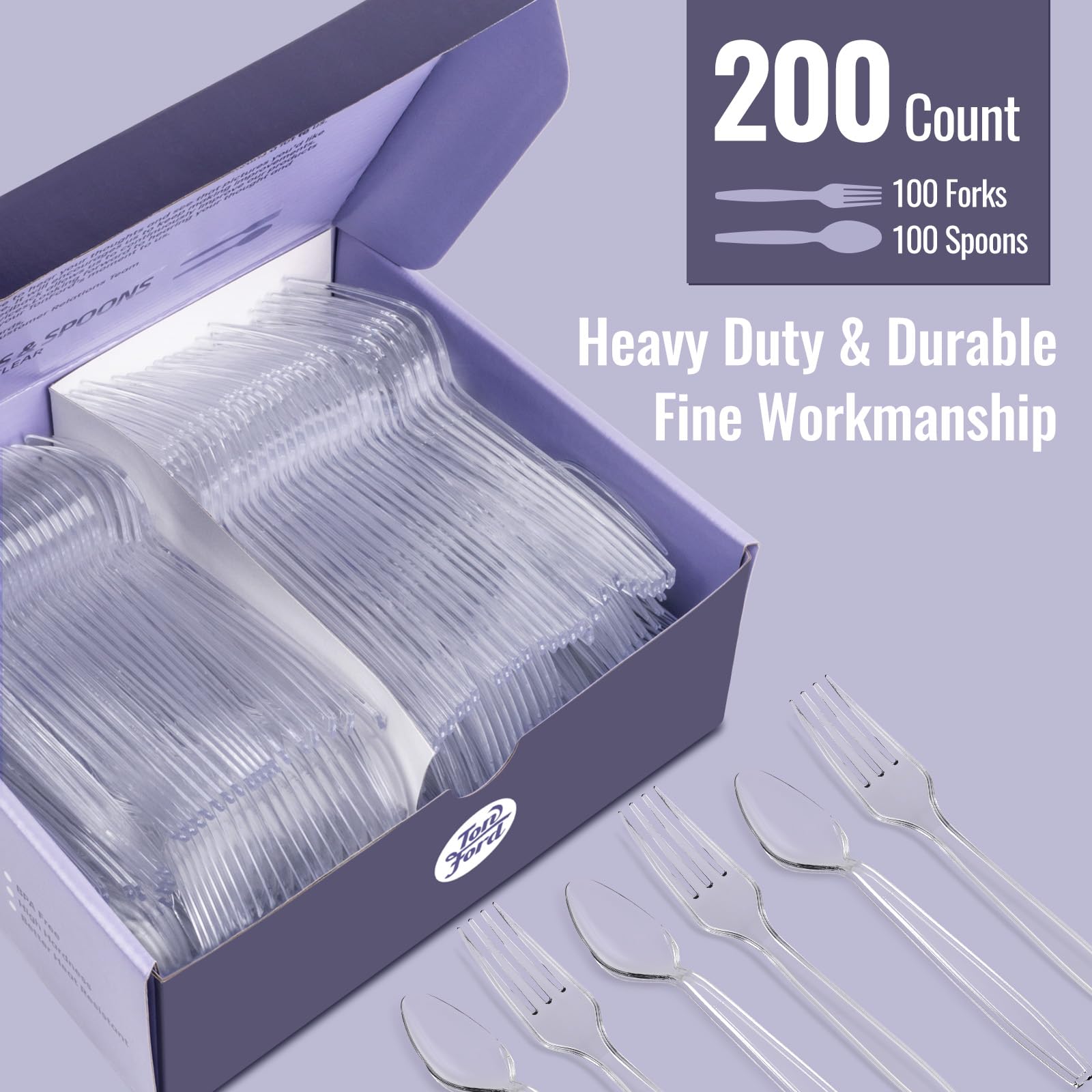 200-Pack Heavy Duty Clear Plastic Forks & Spoons Set - 100 Forks & 100 Spoons - Disposable Silverware for Parties, Picnics, BBQs, Catering & Outdoor Events