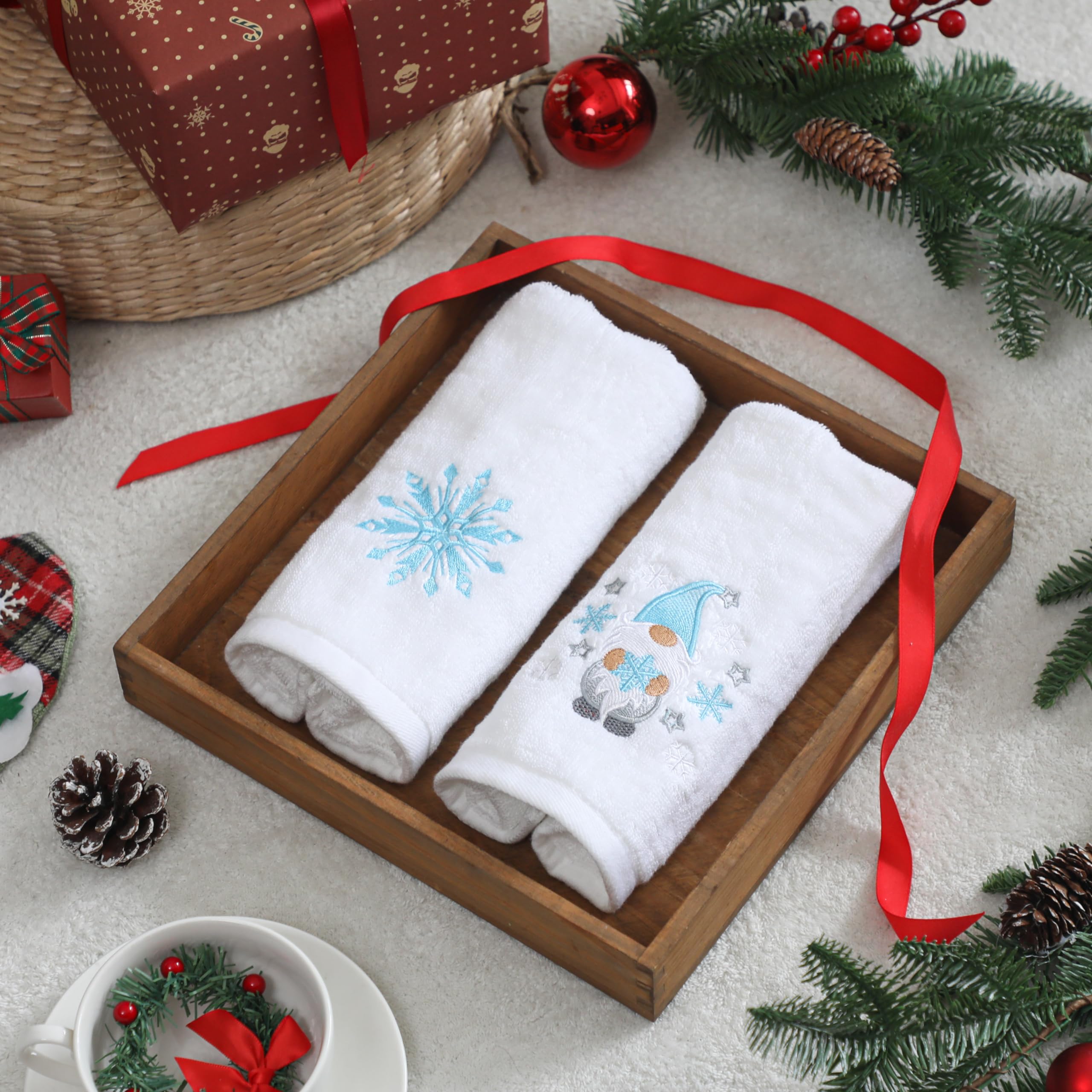 Christmas Hand Towels 100% Cotton Embroidered Holiday Tree - Set of 2 Premium Kitchen & Bath Towels (14x29 Inch) - Festive Santa Design for Holiday Decor, Gifts & Everyday Use in Home, Parties & Seasonal Celebrations