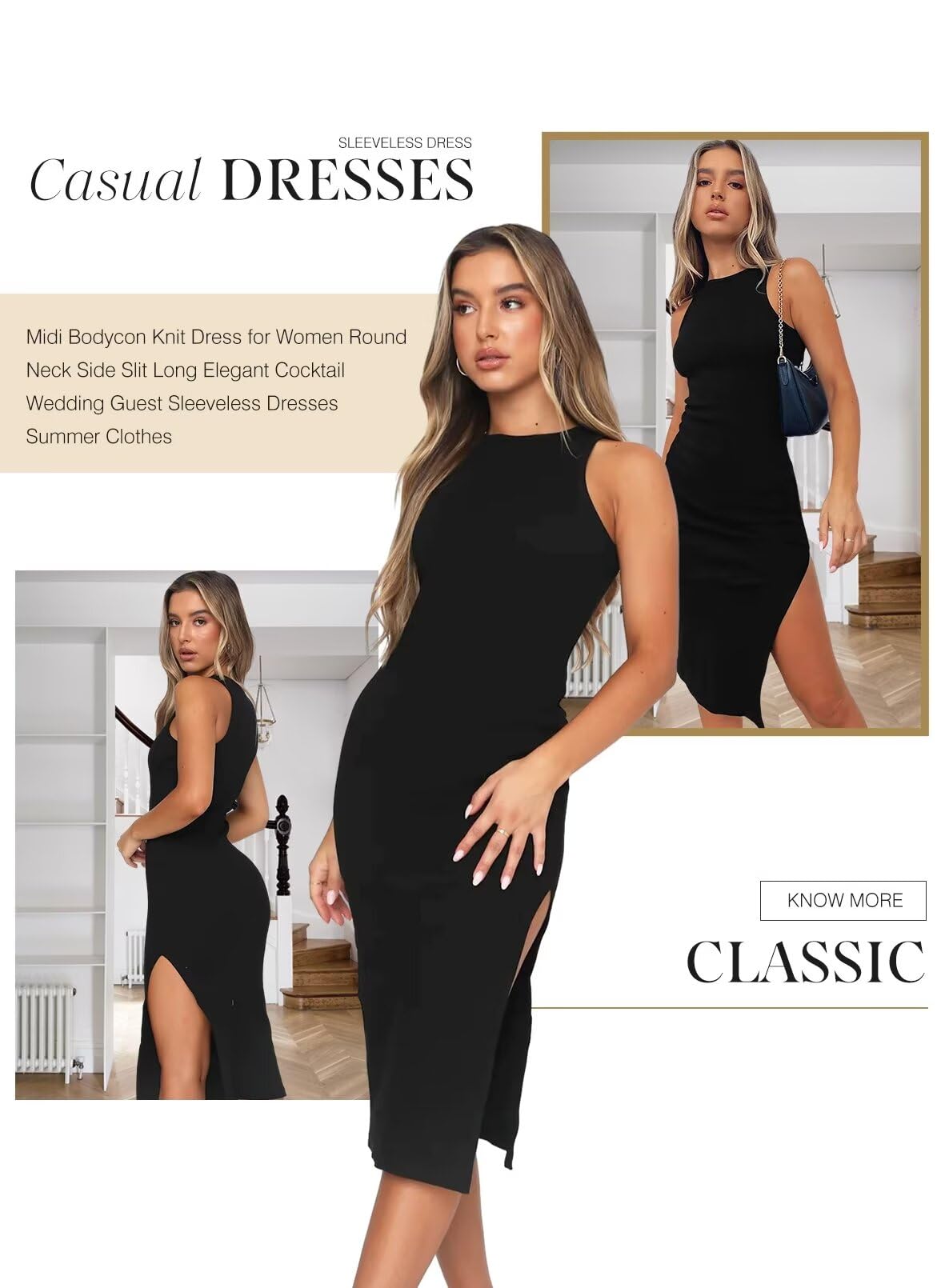 Dokotoo Women's Summer Bodycon Knit Midi Dress - Round Neck Sleeveless Side Slit Slim Elegant Wedding Guest Dress for Party, Cocktail, Date Night & Special Occasions