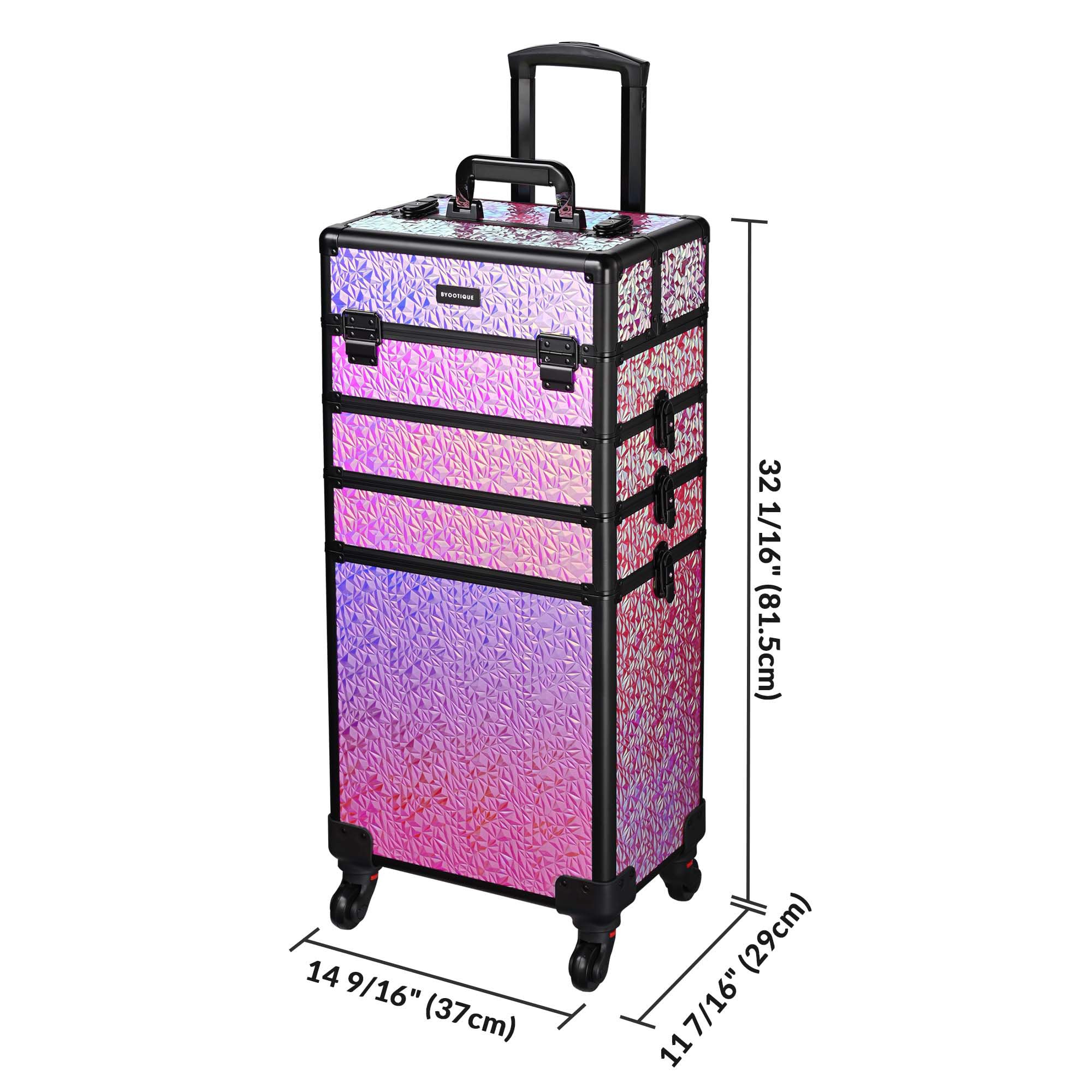 BYOOTIQUE 4-in-1 Rolling Makeup Case with Folding Manicure Table - Mermaid Pink | Portable Beauty Station for Salon Professionals & Home Use | Perfect for Nail Artists, Makeup Artists & Mobile Beauty Services