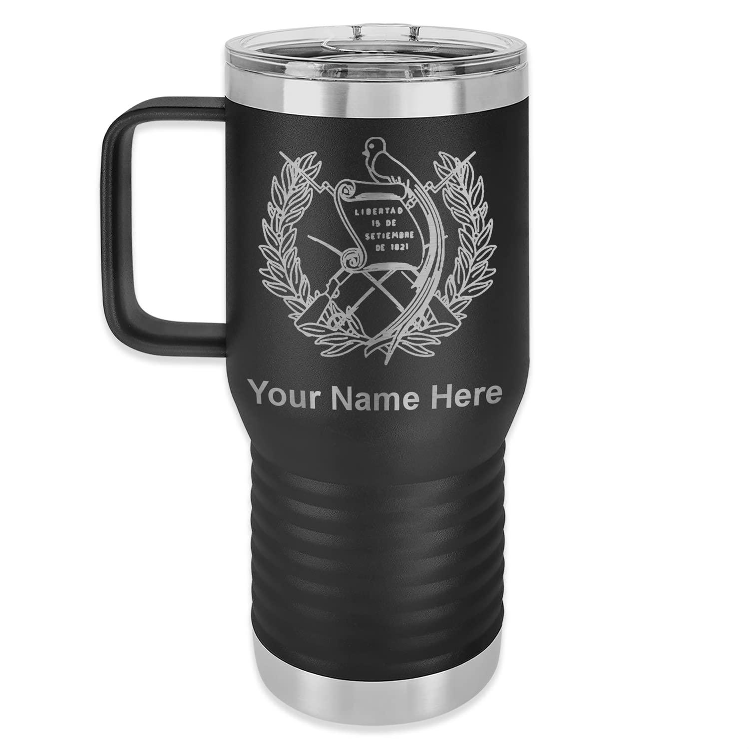 LaserGram 20oz Vacuum Insulated Stainless Steel Travel Mug with Handle - Custom Guatemala Flag Engraving, Personalized Gift, Black - Perfect for Coffee, Tea & Hot/Cold Drinks On The Go, Office & Outdoor Adventures