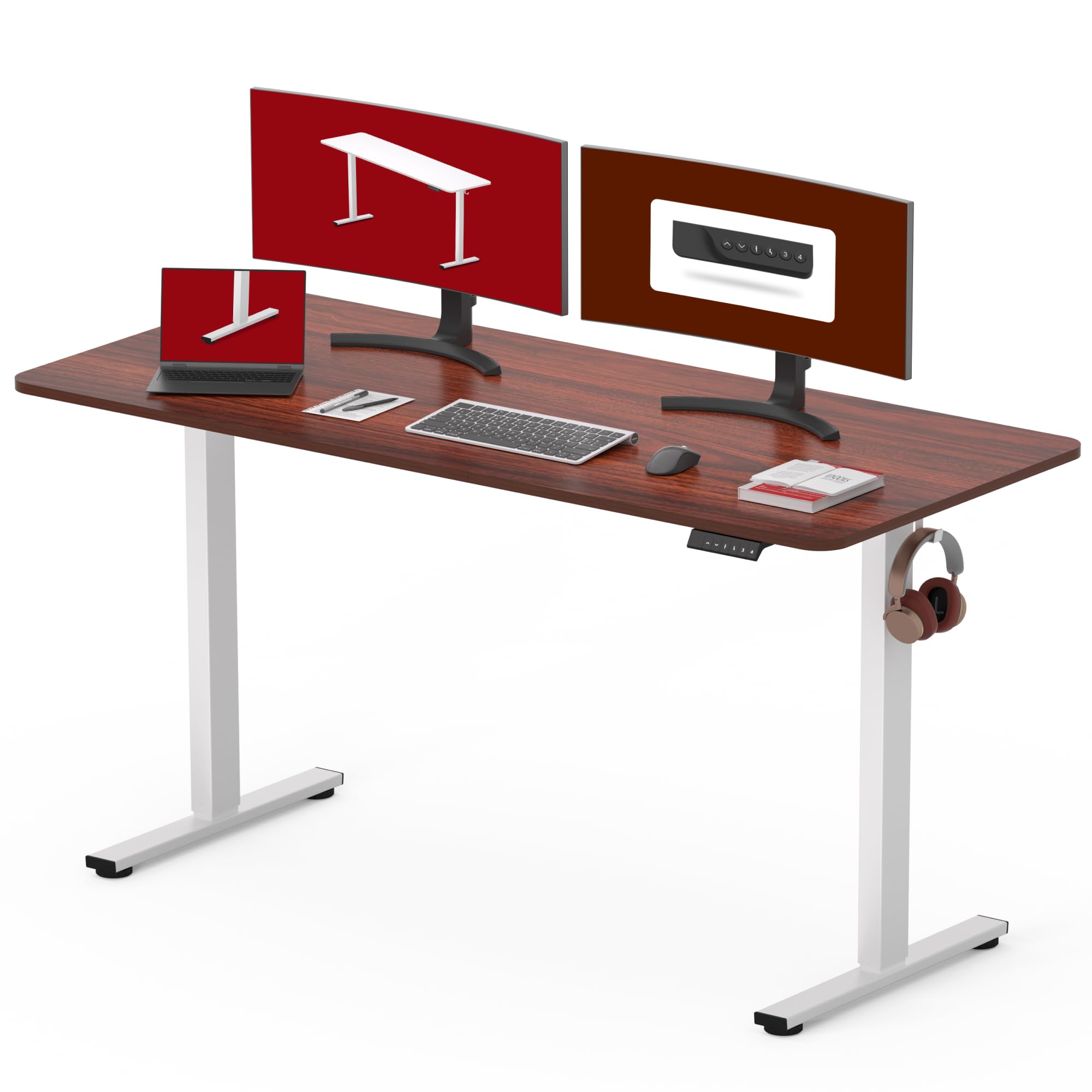 SANODESK 55 x 28 Inches Electric Standing Desk - Height Adjustable Whole-Piece Desktop with 6-Button Controller - Ergonomic Computer Desk for Home Office (White Frame & Mahogany Tabletop) - Perfect for Remote Work, Gaming Setup and Small Workspaces