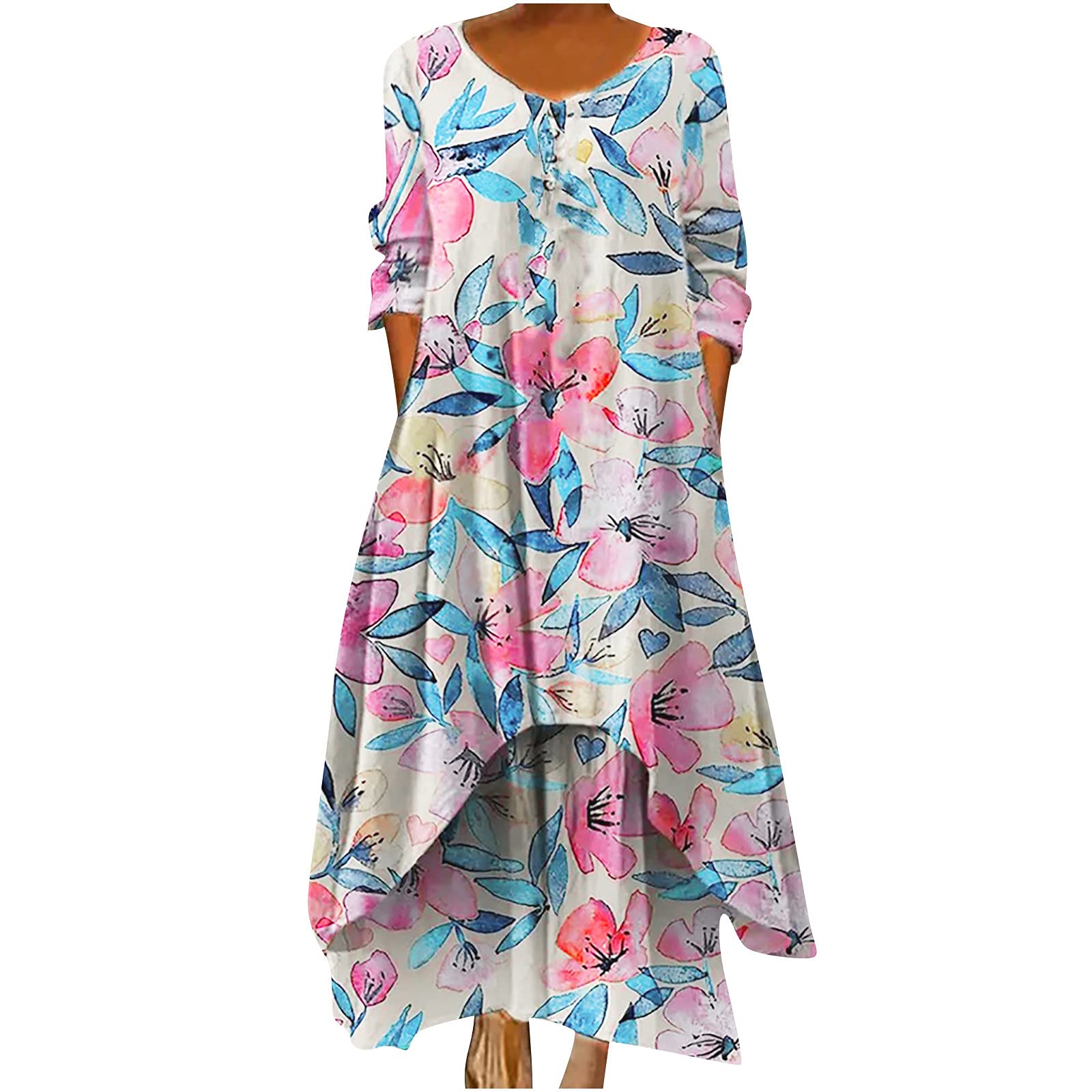 Boho Maxi Dress for Women - Floral Print Long Summer Dress with Irregular Hem, Casual Crewneck Loose Fit Beach Dress | Perfect for Vacations, Music Festivals & Boho Chic Outfits