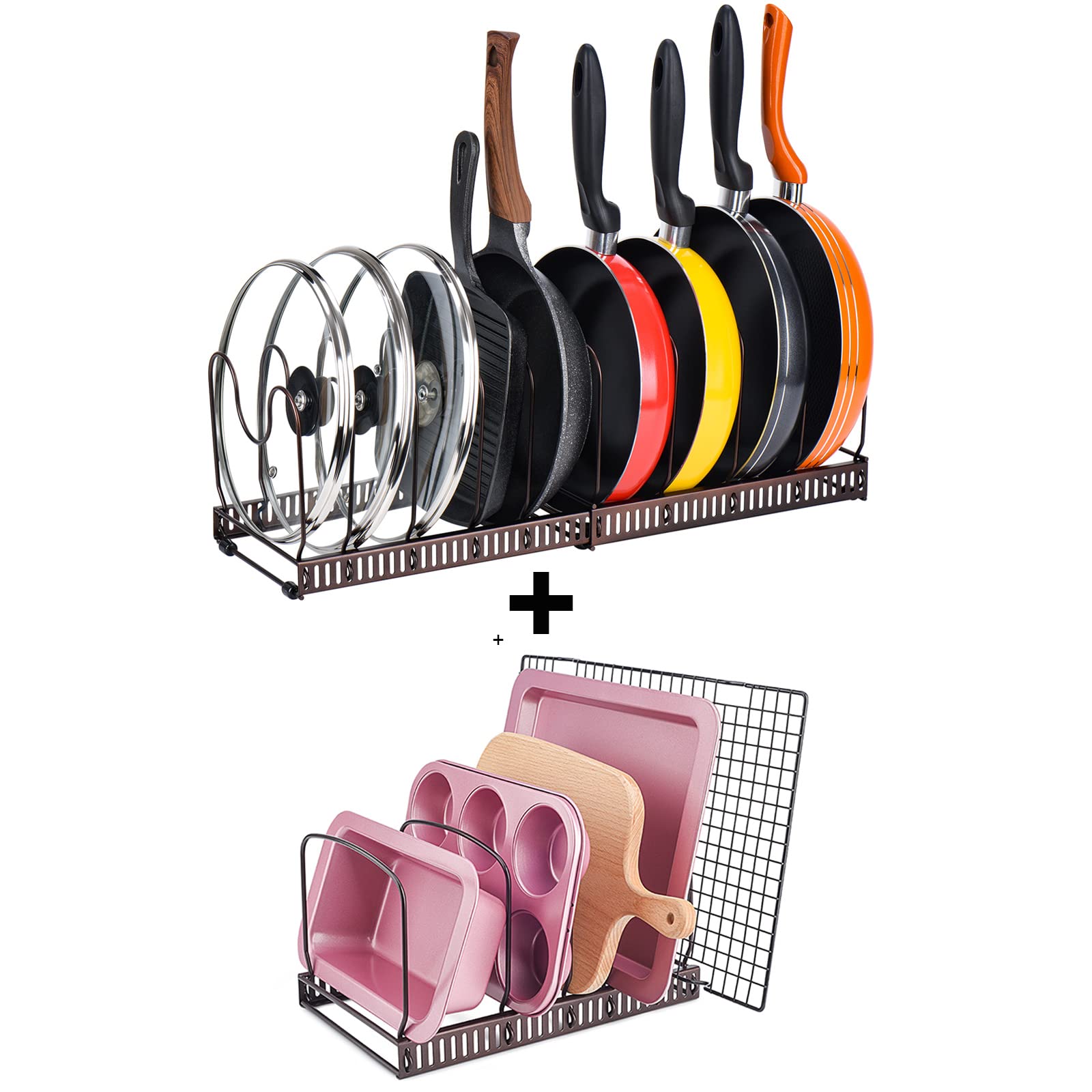 Toplife Adjustable 10-Pan & 7-Lid Organizer Rack for Kitchen Cabinet and Countertop - Space Saving Storage Solution for Pots, Pans & Cookware Lids - Brown (Ideal for Small Kitchens & Organized Cooking)
