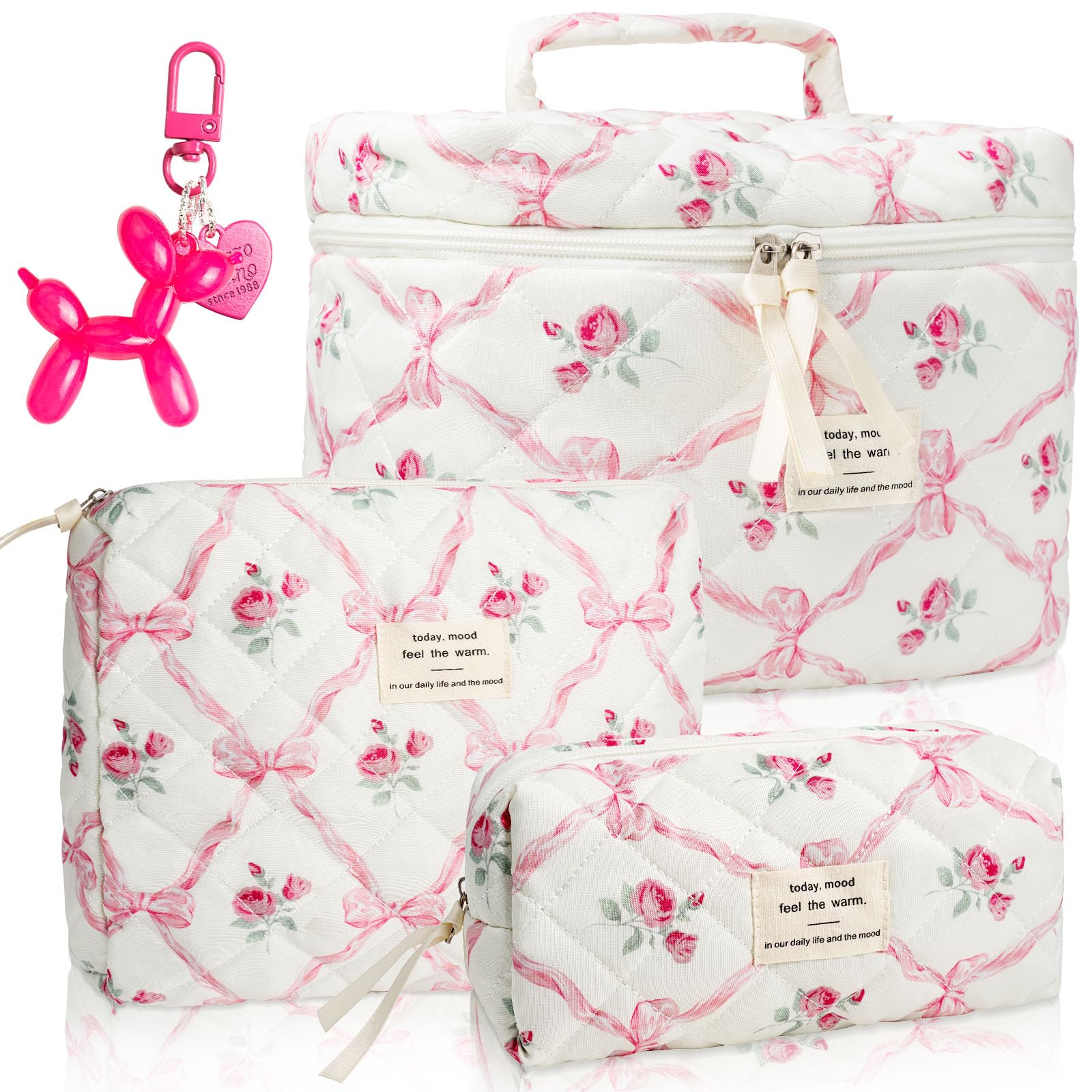 3 PCS Floral Pink Bow Makeup Bag Set - Quilted Cosmetic Organizer for Women & Girls, Large Cotton Travel Toiletry Bag with Pink Flower Design | Perfect for Travel, Gym, and Daily Beauty Storage