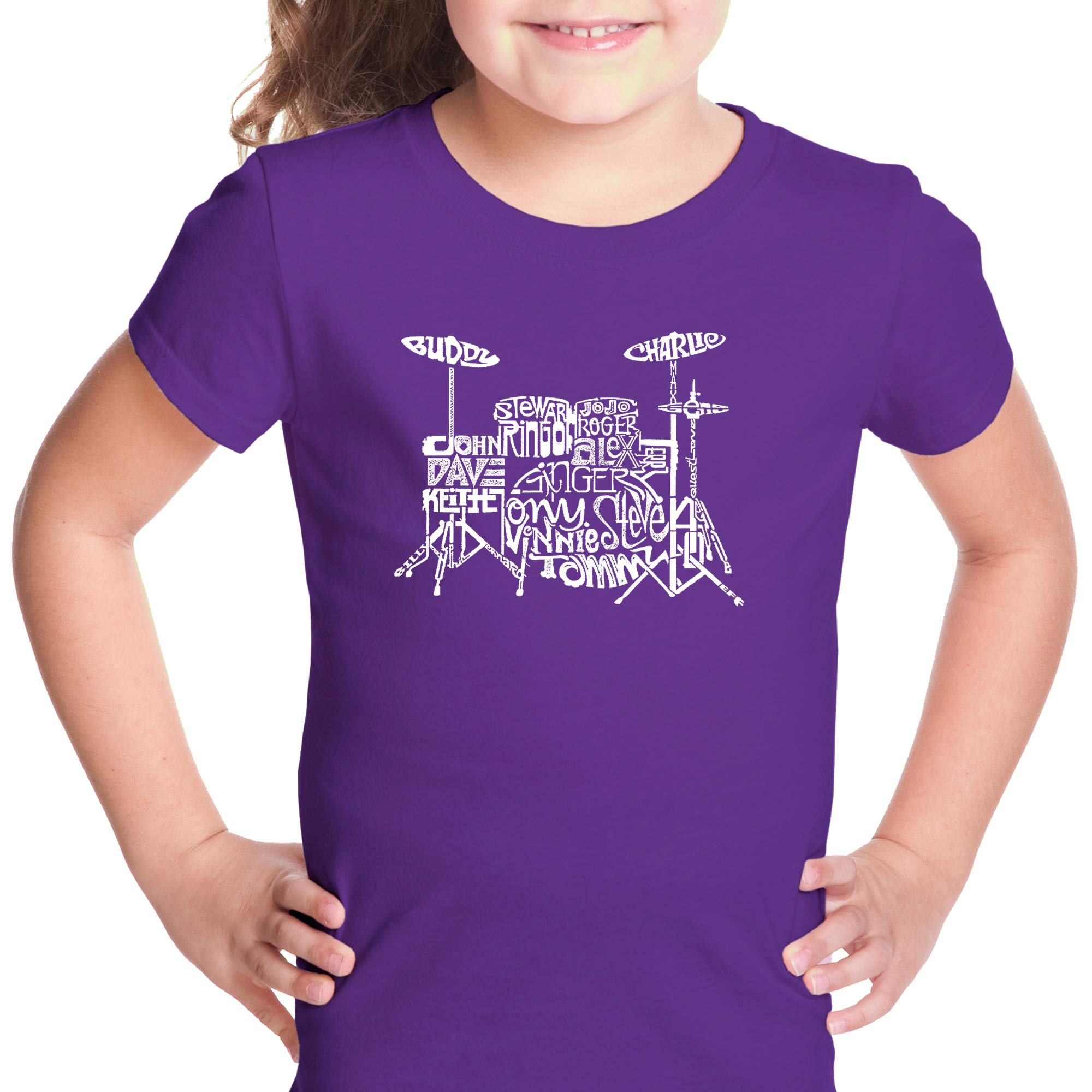 LA POP ART Girl's Word Art T-Shirt - Drums Design | Trendy Graphic Tee for Girls | Perfect for Music Lovers, Concerts & Casual Wear