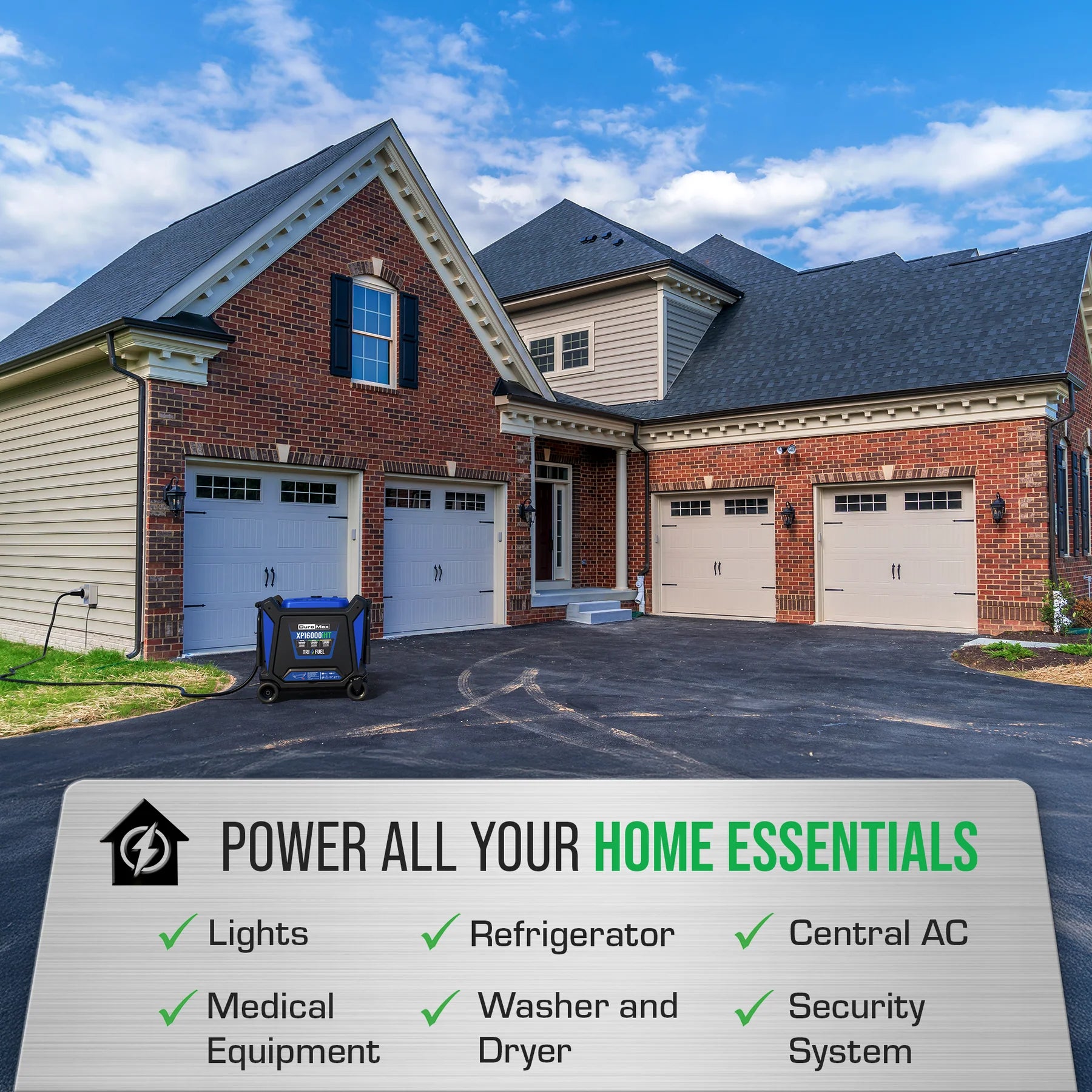 DuroMax XP16000iHT 13000W/16000W Tri Fuel Portable Generator - Gasoline, Propane & Natural Gas - Electric Start with CO Alert - Quiet Inverter Technology - Perfect for Home Backup, Camping & Emergency Power