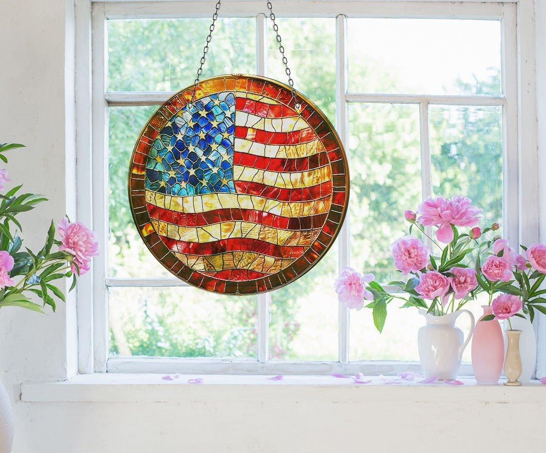 American Flag Suncatcher - Patriotic Window Decor for Home & Office - Perfect for Independence Day, Memorial Day & Veterans Day Celebrations