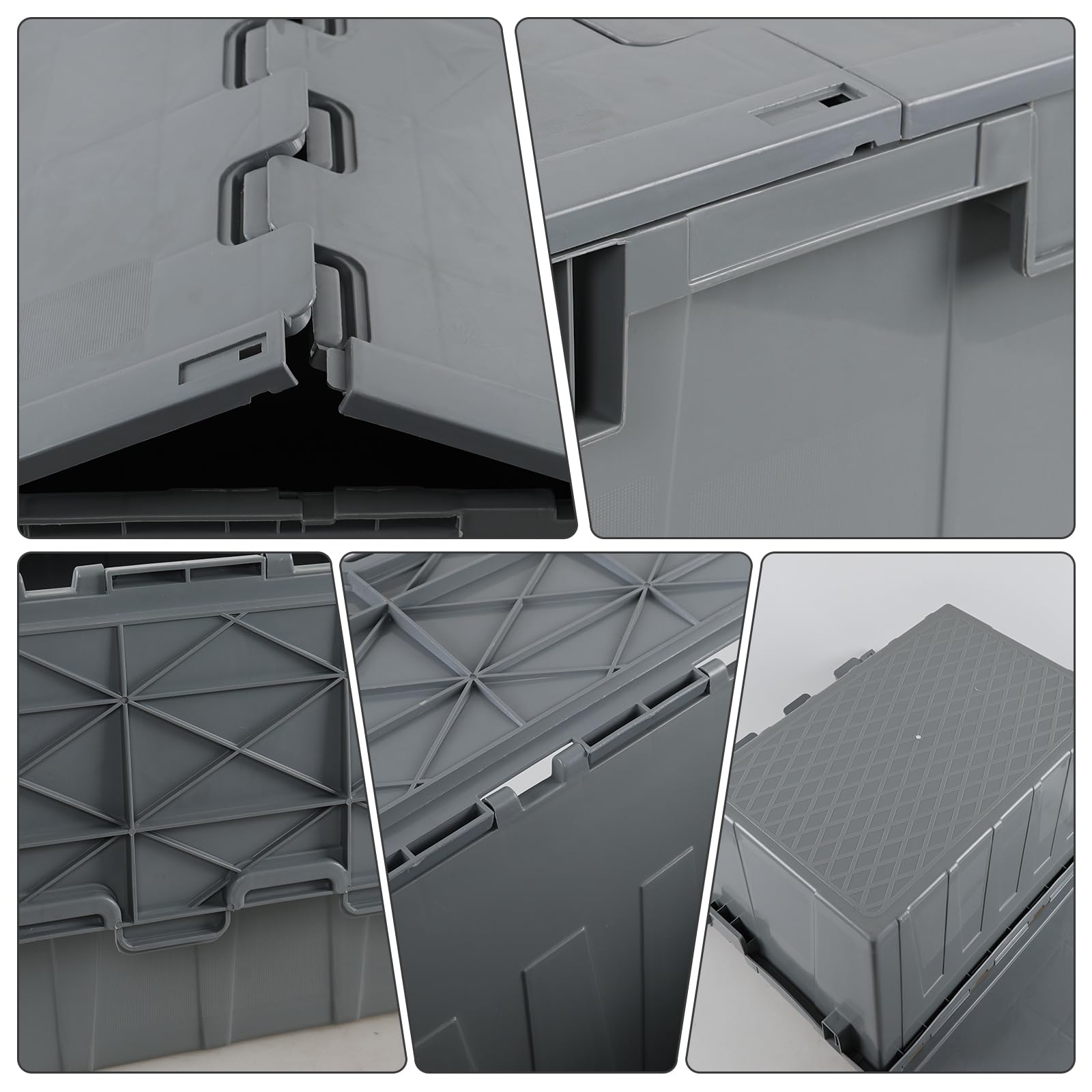 15 Gallon Industrial Plastic Storage Tote with Hinged Lid - 4-Pack Stackable Flip-Top Containers for Warehouse, Garage & Workshop Organization - Heavy-Duty Gray Storage Bins