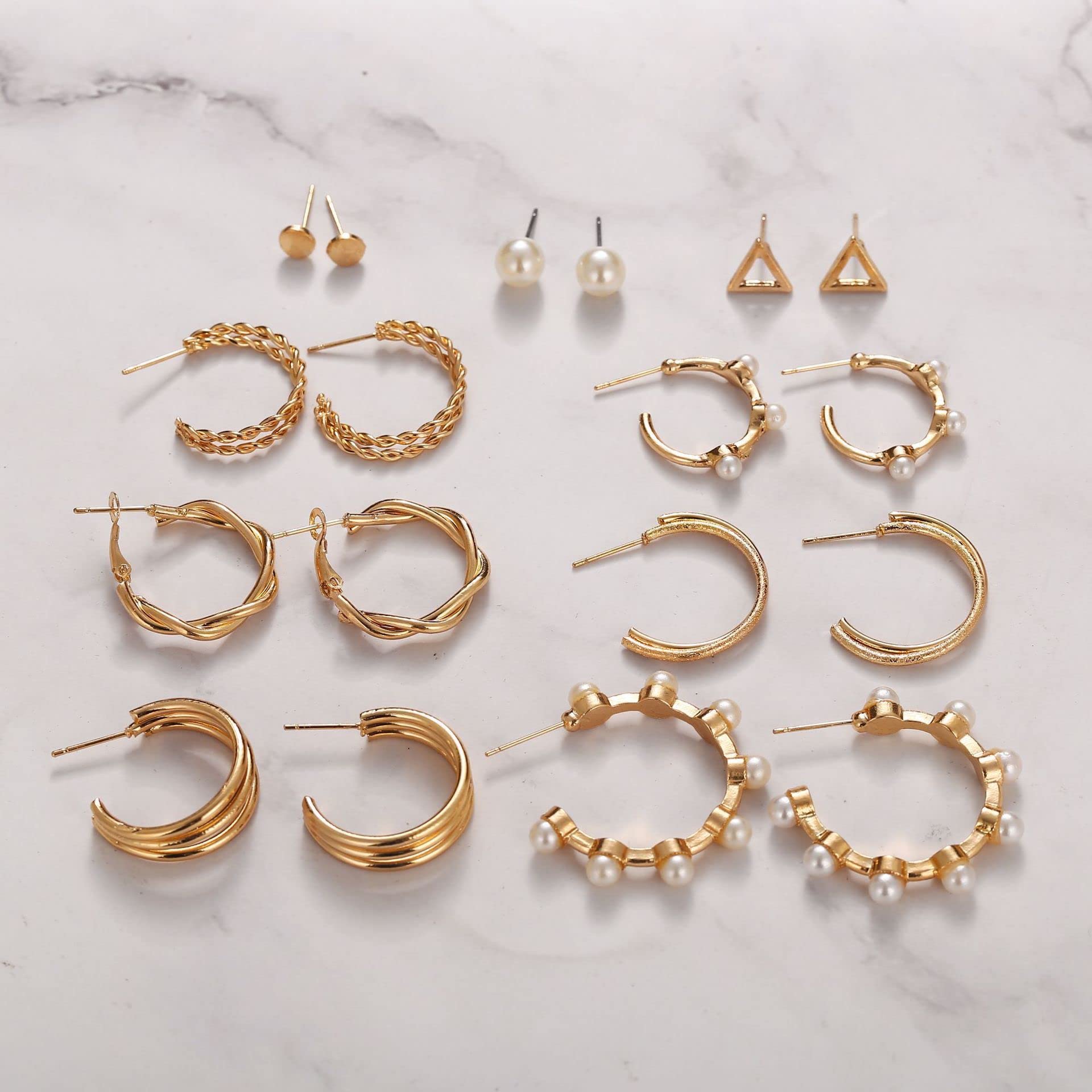 Golden Plated Triangle Pearl Stud & Twisted Hoop Earrings Set - 9 Pairs for Women & Girls | Elegant Jewelry for Parties, Weddings & Daily Wear