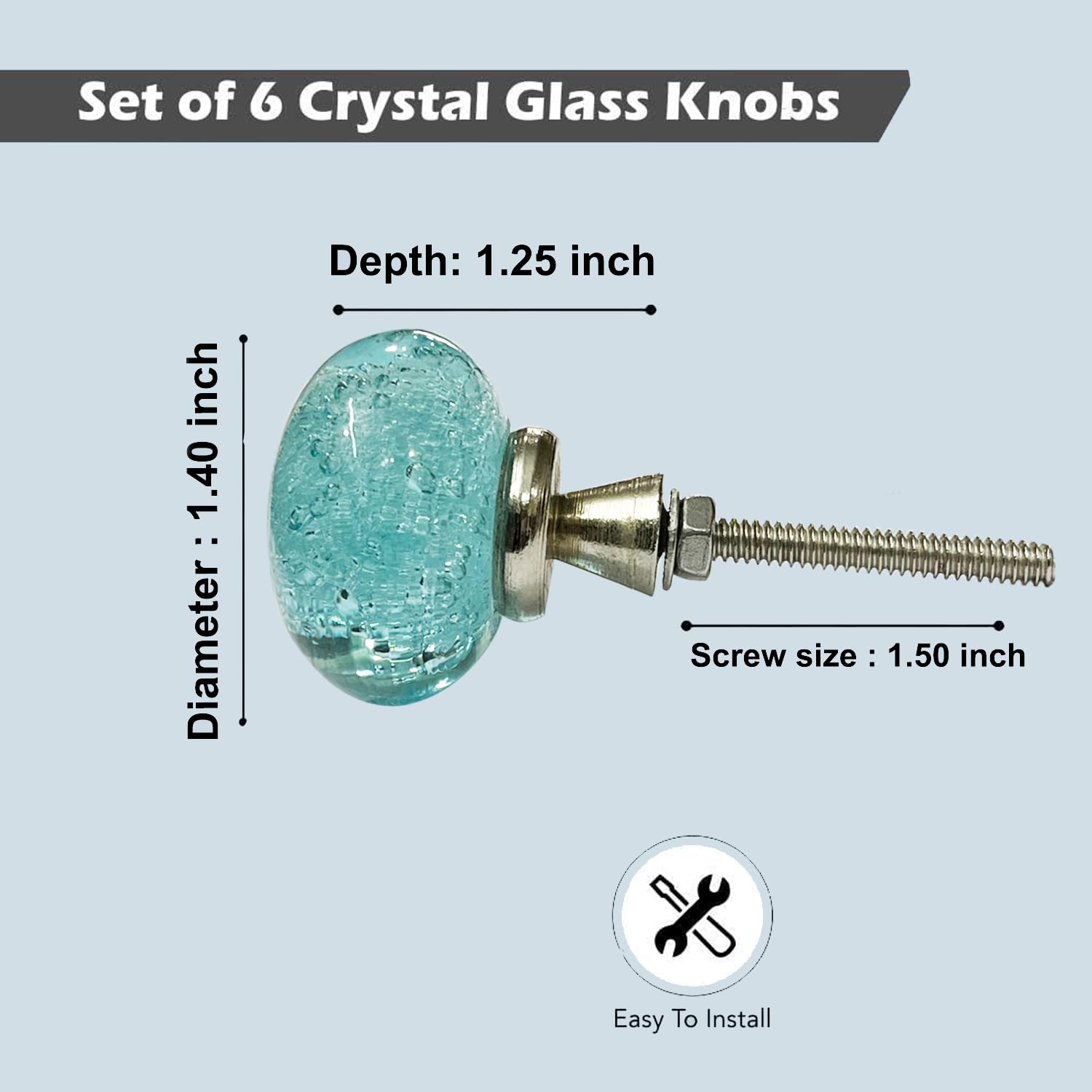 Modern Light Blue Crystal Knobs Set of 6 - Decorative Bubble Glass Cabinet Pulls for Drawers, Kitchen, Wardrobe & Furniture Hardware - Elegant Home Decor Upgrade for Cabinets, Dressers & Cupboard Doors