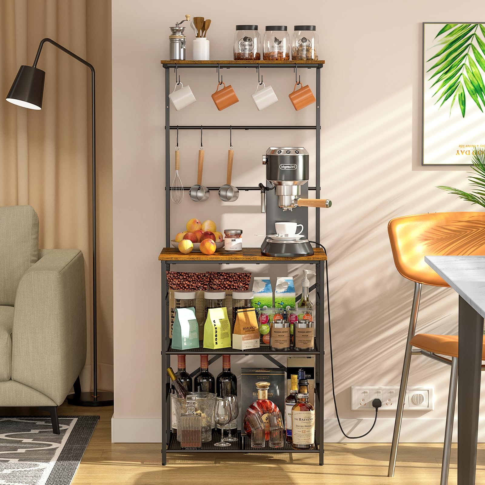 4-Tier Coffee Bar Station with 8 S-Shaped Hooks - Farmhouse Style Kitchen Baker's Rack - 24.41