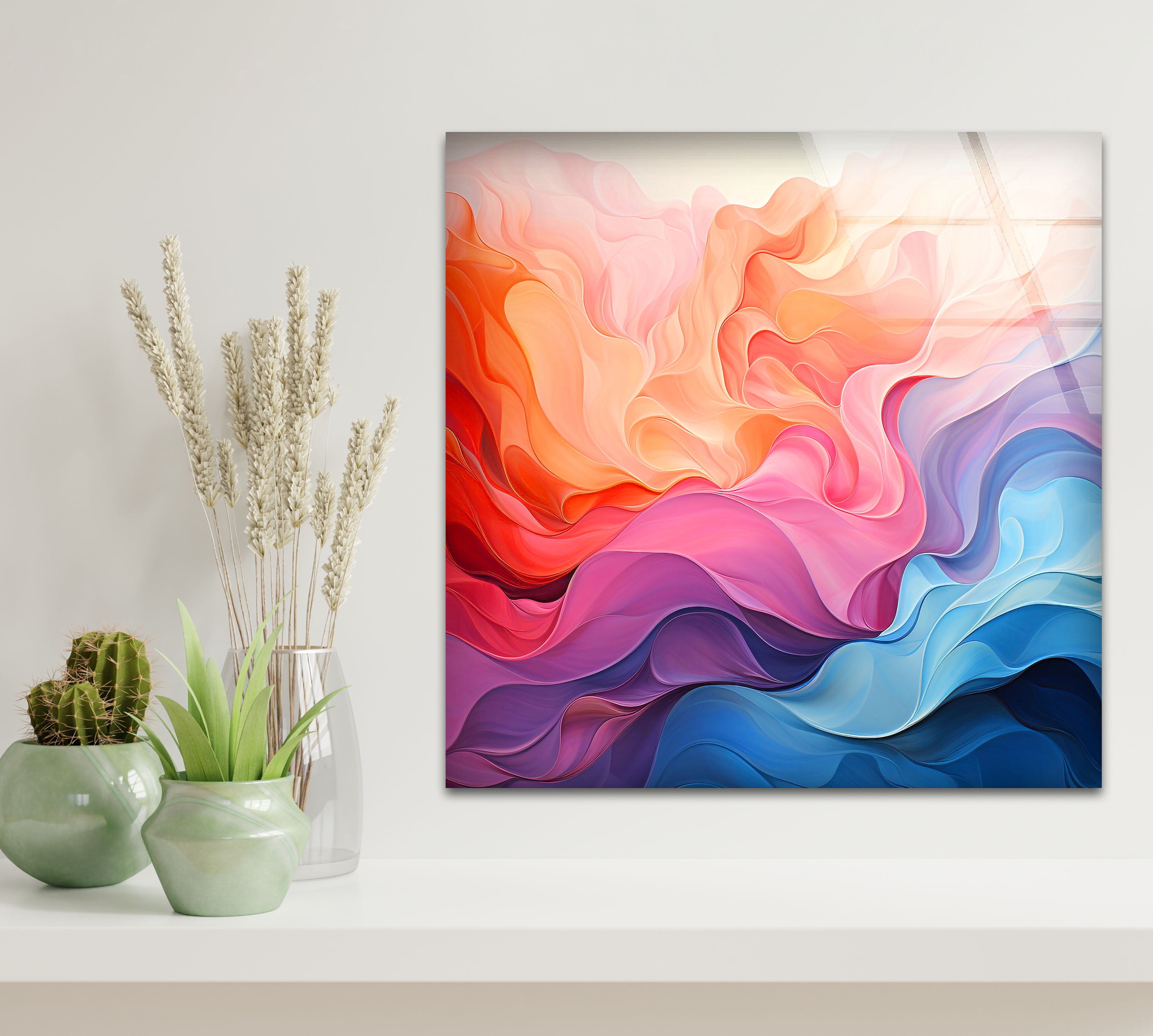 Vibrant Fluid Abstract Glass Wall Art - Red, Pink & Blue Flow Design for Modern Home & Office Decor | Handmade Contemporary Artwork for Living Room, Bedroom or Office Spaces