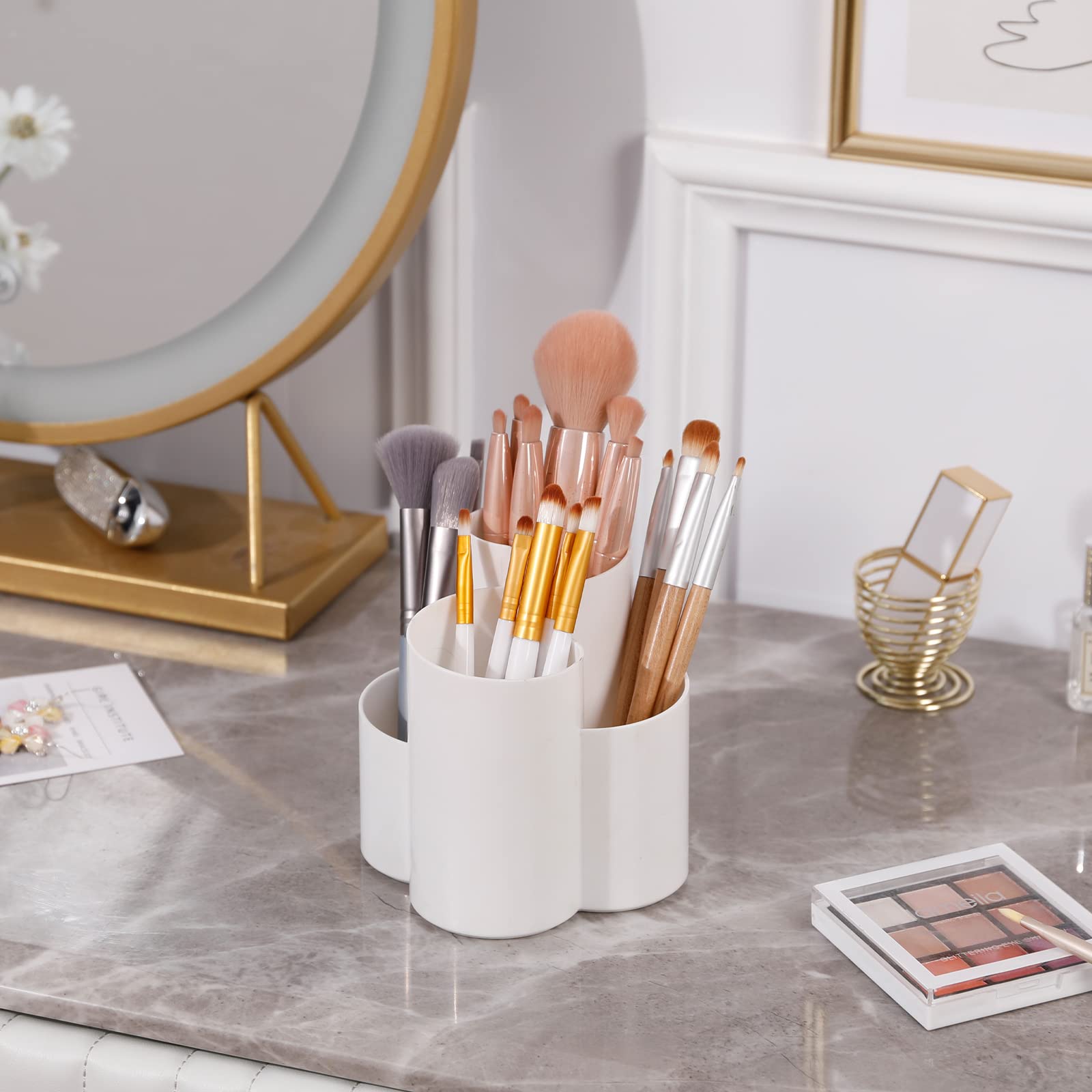 Yesesion Plastic Makeup Brush Holder Organizer - 4 Compartment Round Cosmetic Brush Storage for Lipsticks, Hair Accessories & Beauty Tools | Vanity, Bathroom & Dresser Organizer | Perfect for Makeup Artists & Home Decor (White)