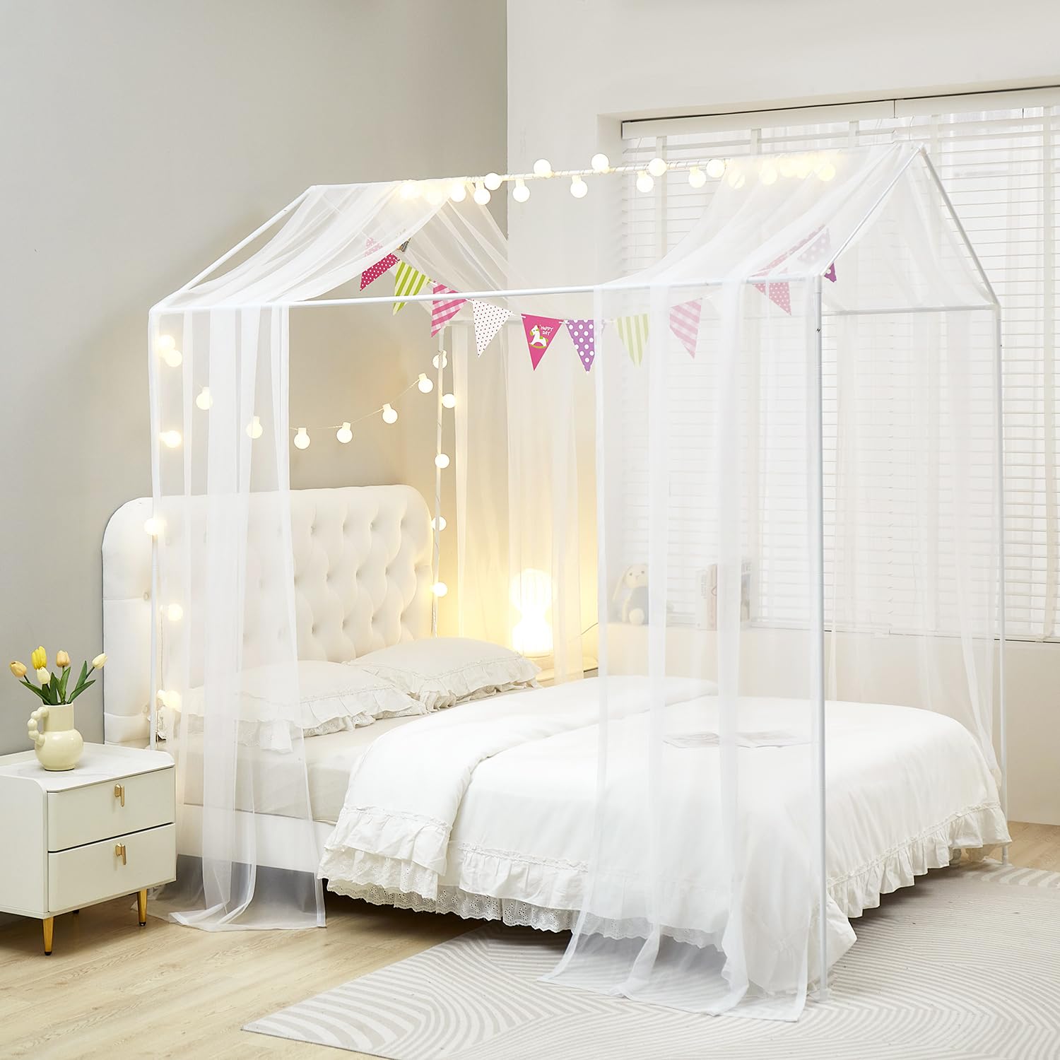 **Mengersi House Bed Canopy with LED Lights - Montessori Floor Bed Canopy for Kids, Girls & Boys - Four Poster Bed Curtains for Twin/Twin XL - White - Perfect for Nursery, Bedroom & Playroom Decor**