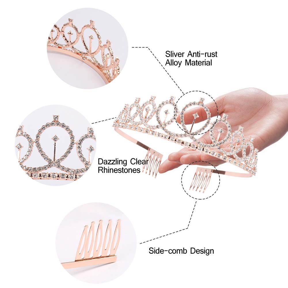 Rose Gold Rhinestone Birthday Tiara & Sash Set for Women & Girls - Sparkling Birthday Crown, Party Princess Accessories for Birthday Celebrations, Bridal Showers & Special Occasions