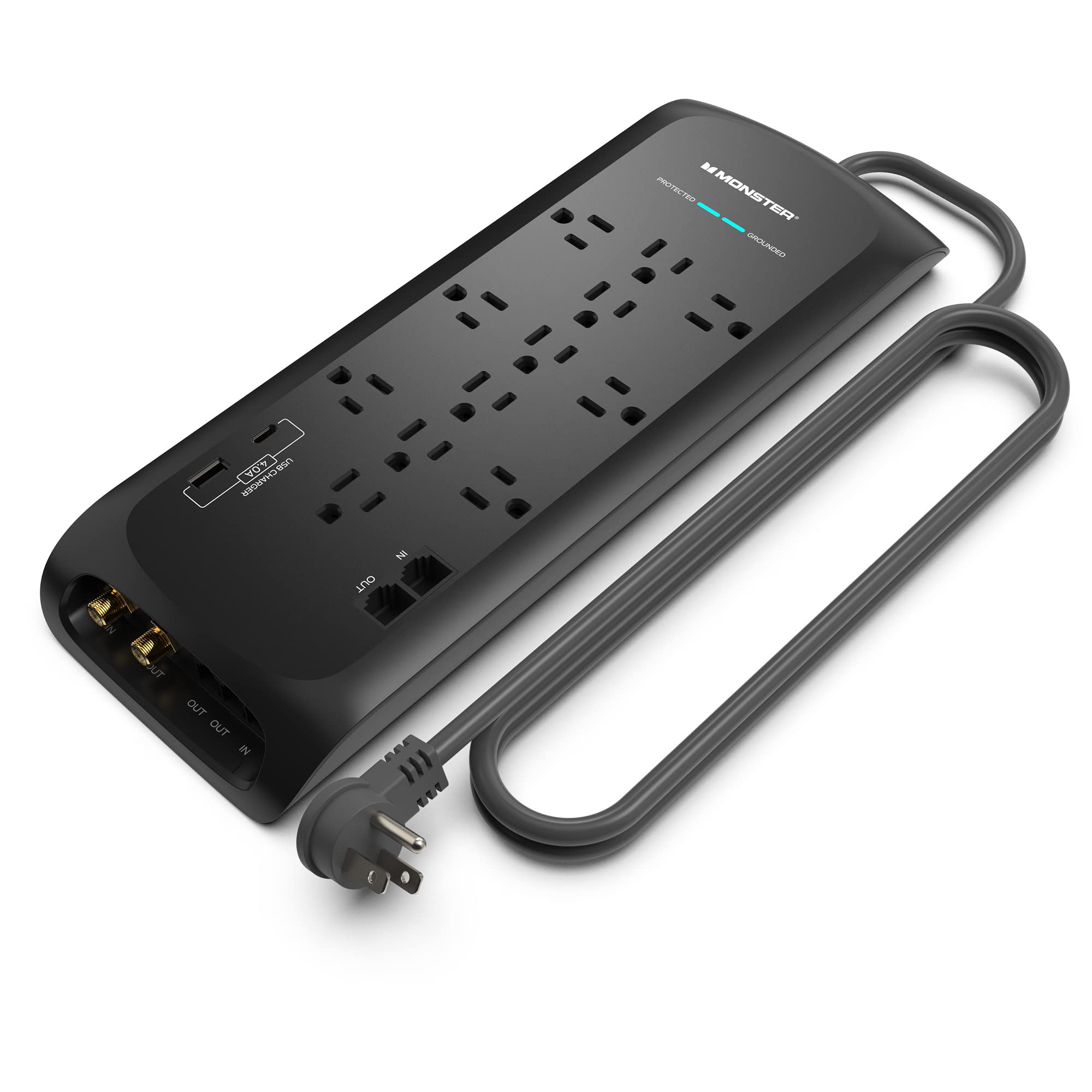 Monster Power Strip Surge Protector with 12 Outlets & 2 USB Ports (USB-C/USB-A) - Heavy Duty 12-Outlet Extension Cord for Computers, Home Theater, Office & Home Appliances - Perfect for Gaming Setups, Workstations & Smart Home Devices