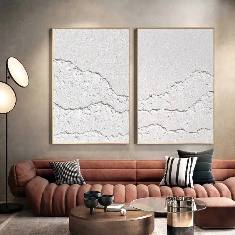 Minimalist White Textured Canvas Paintings - Set of 2 Modern Abstract Wall Art (#MM067) for Living Room, Bedroom & Office Decor