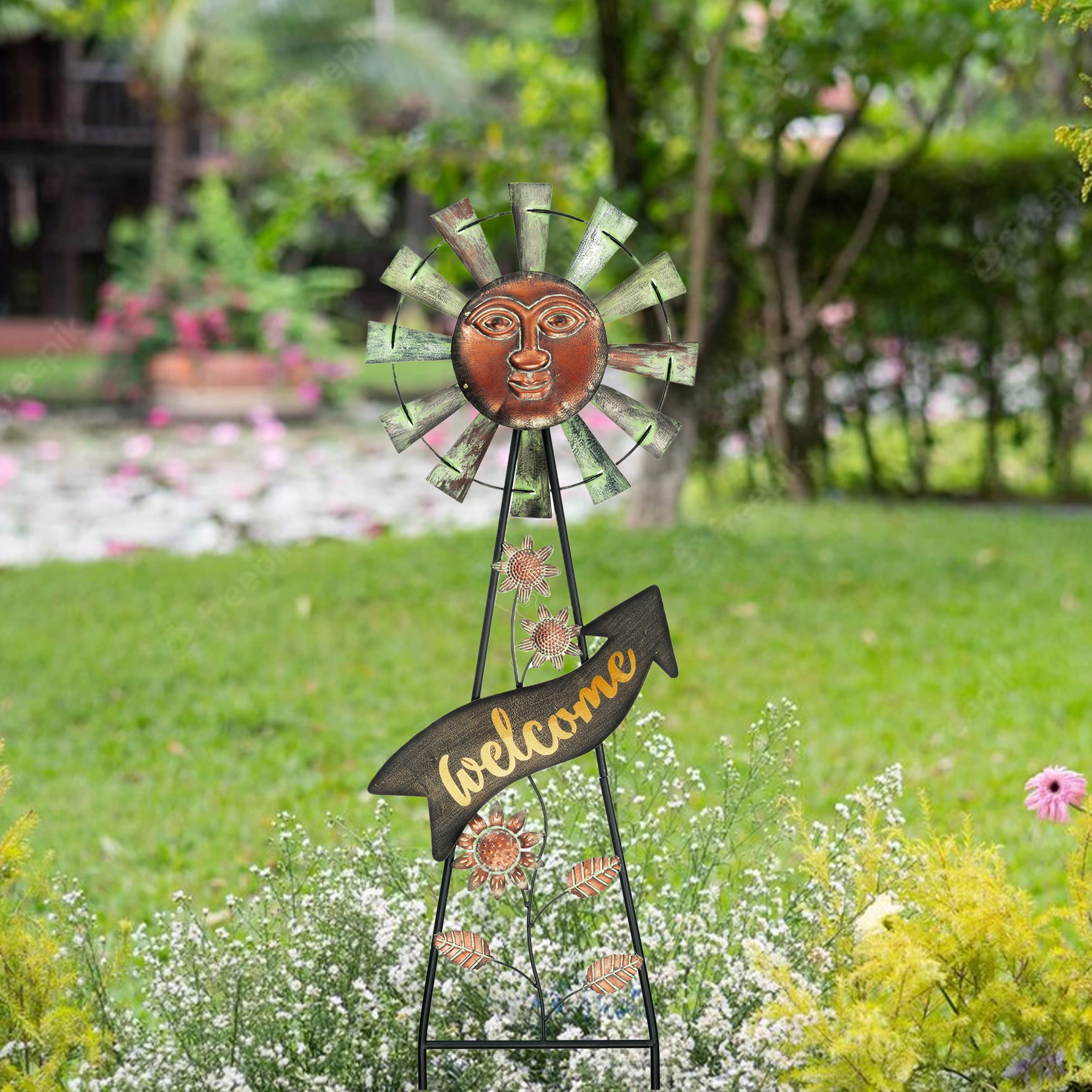 Solar-Powered Garden Decor - 26'' Bronze Metal Sun Face Wind Spinner with Outdoor Lights | Weather-Resistant Yard Art Stake for Lawn, Patio & Backyard | Unique Mother's Day Gift for Home & Garden Decoration