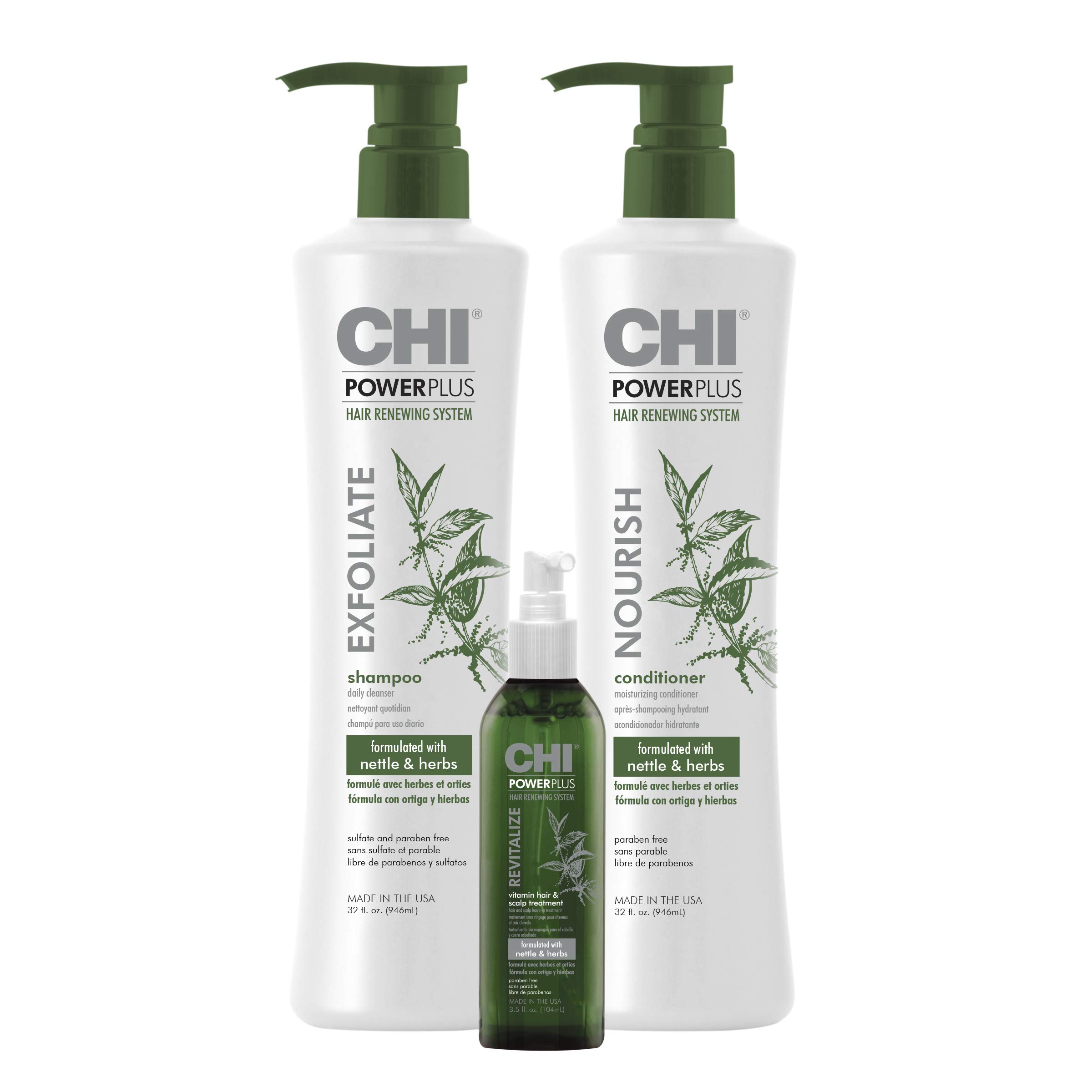 CHI Power Plus Step Exfoliate Shampoo 32oz, Nourish Conditioner 32oz & Revitalize Vitamin Hair Scalp Treatment 3.5oz - 3-Step Professional Hair Care System for Damaged Hair Repair - Salon Quality Shampoo & Conditioner Set for Dry, Frizzy Hair - Perfect for Home & Professional Use