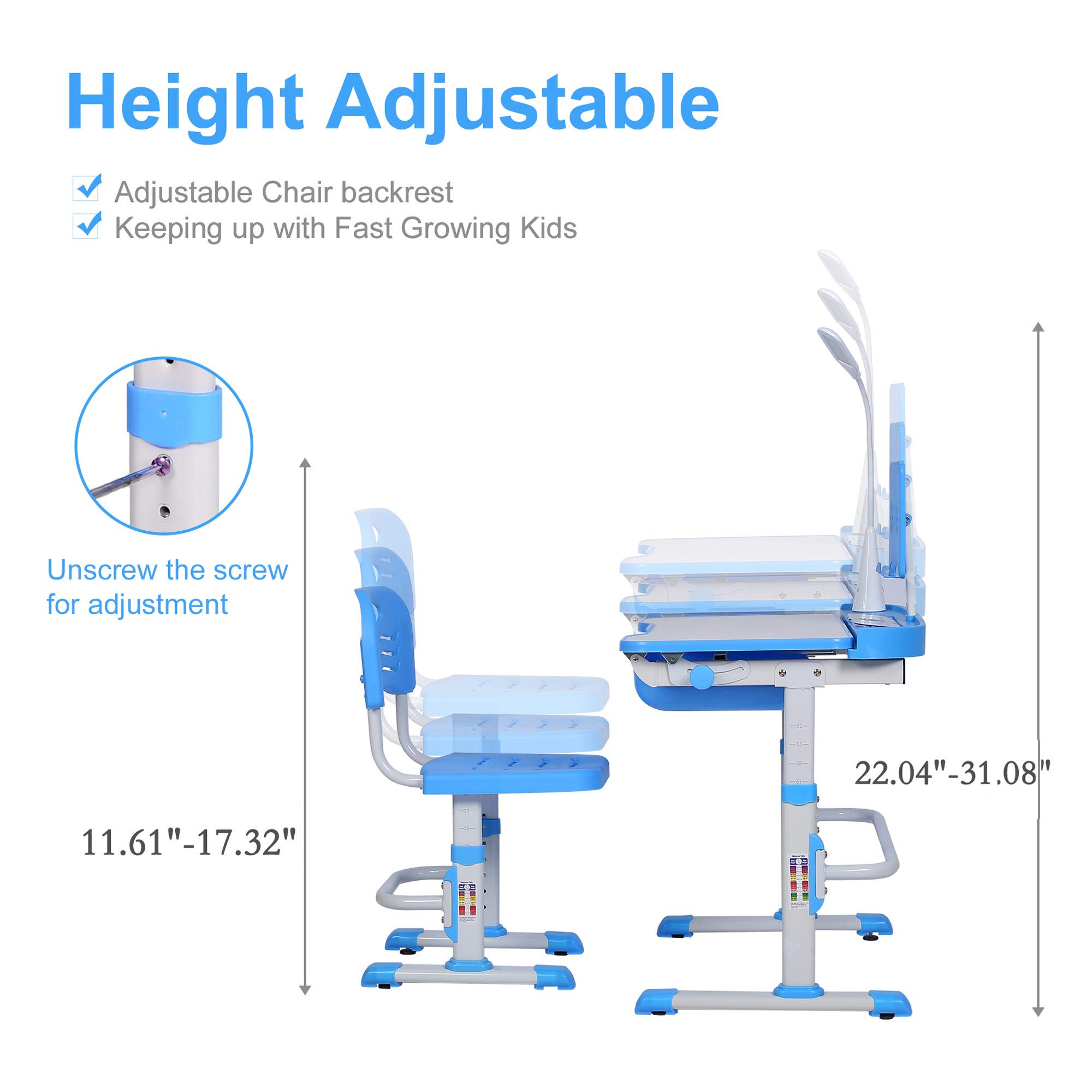 Adjustable Kids Desk and Chair Set with LED Light & Storage - Ergonomic Study Table for Children, Tilt Desktop, Book Stand - Perfect for Homework, Reading & Online Learning (Blue)