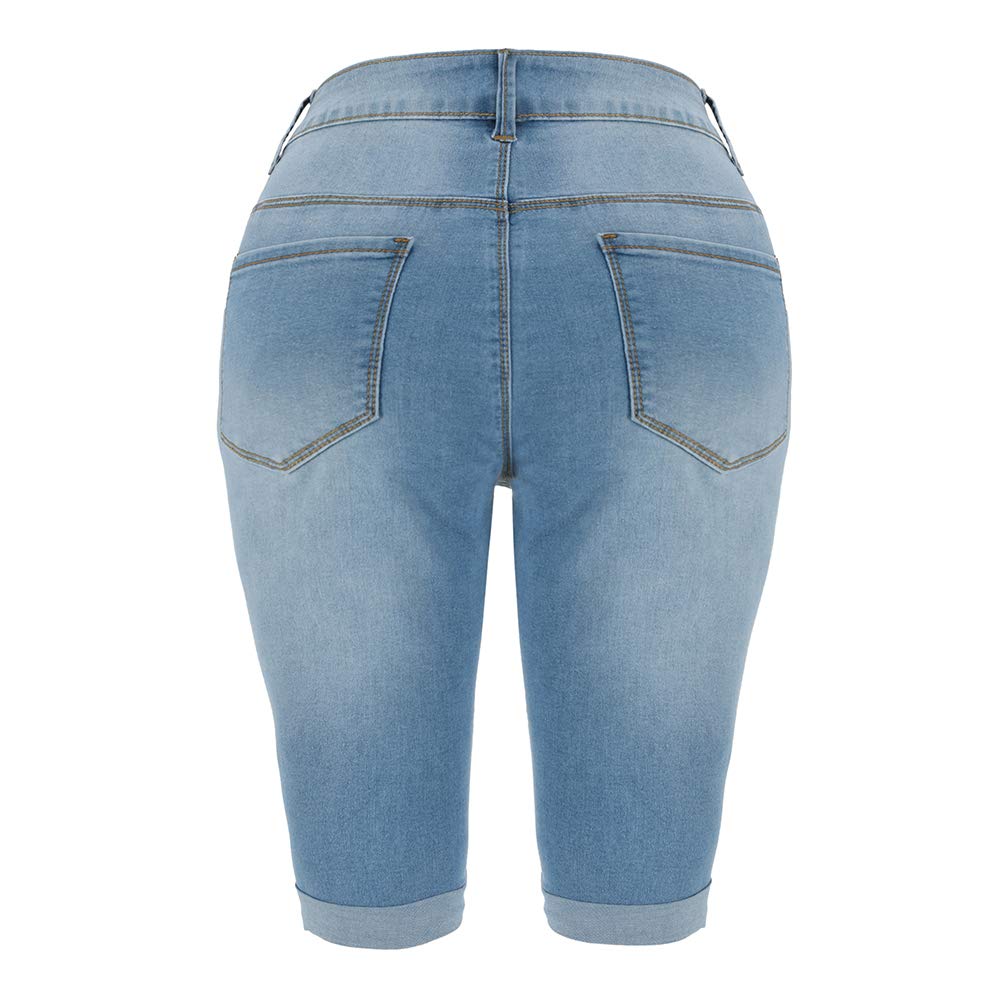 THUNDER STAR Women's Distressed Denim Bermuda Shorts - Ripped Knee-Length Stretch Jeans Shorts for Casual Wear & Summer Outfits