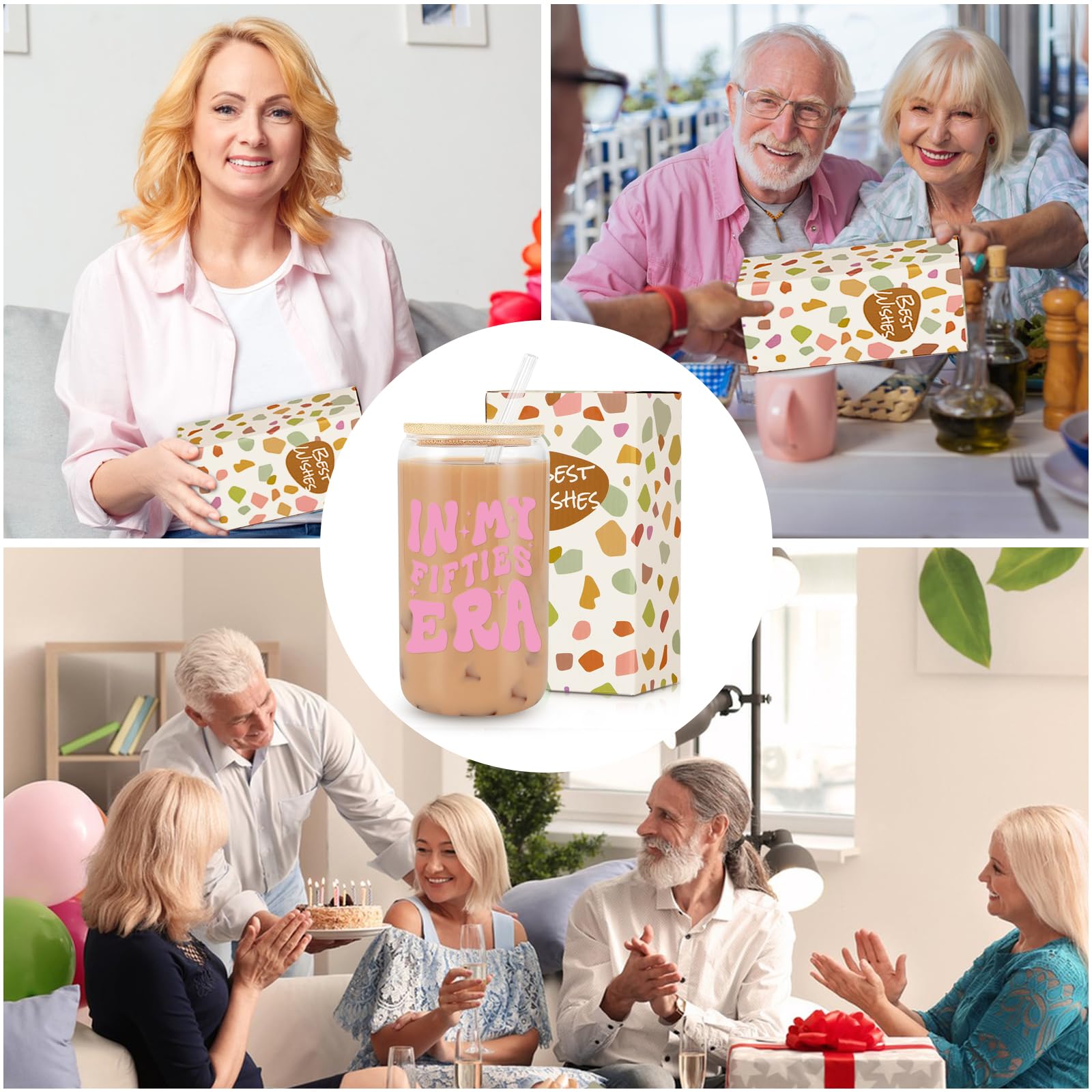 50th Birthday Gifts for Women - 16oz In My FIFTIES Era Glass Coffee Cup - Unique Birthday Gift Idea for Mom, Friends & Coworkers - Perfect for Coffee, Tea & Office Use (50th Cup)