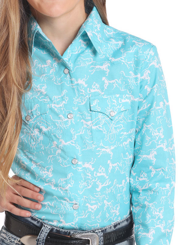 Panhandle C6S4410 Kids Long Sleeve Horse Print Snap Button Shirt Light Blue - Western Style Riding Shirt for Boys & Girls, Perfect for Equestrian Events, Rodeos & Casual Wear