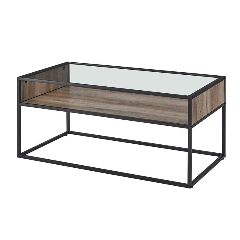 Pemberly Row Classic 40-inch Metal and Glass Coffee Table with Retango Open Shelf - Modern Gray Wash Finish for Living Room, Office or Lounge