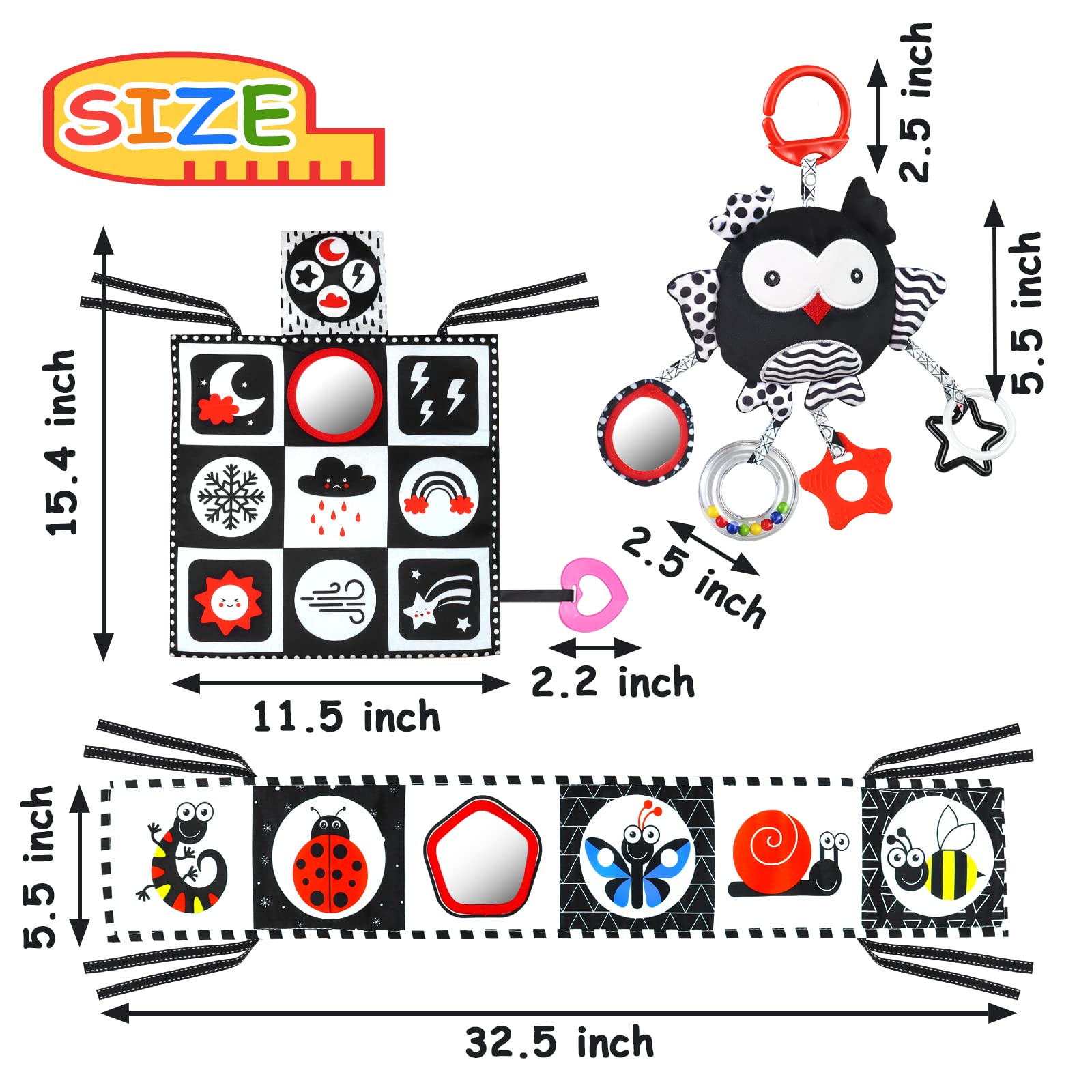 Black and White High Contrast Baby Toys 0-12 Months with Mirror, Crinkle & Rattles - Montessori Sensory Toys for Newborn Brain Development - Soft Tummy Time & Playtime Infant Toys for 0-3-6-9 Months - Perfect for Nursery, Daycare & Travel