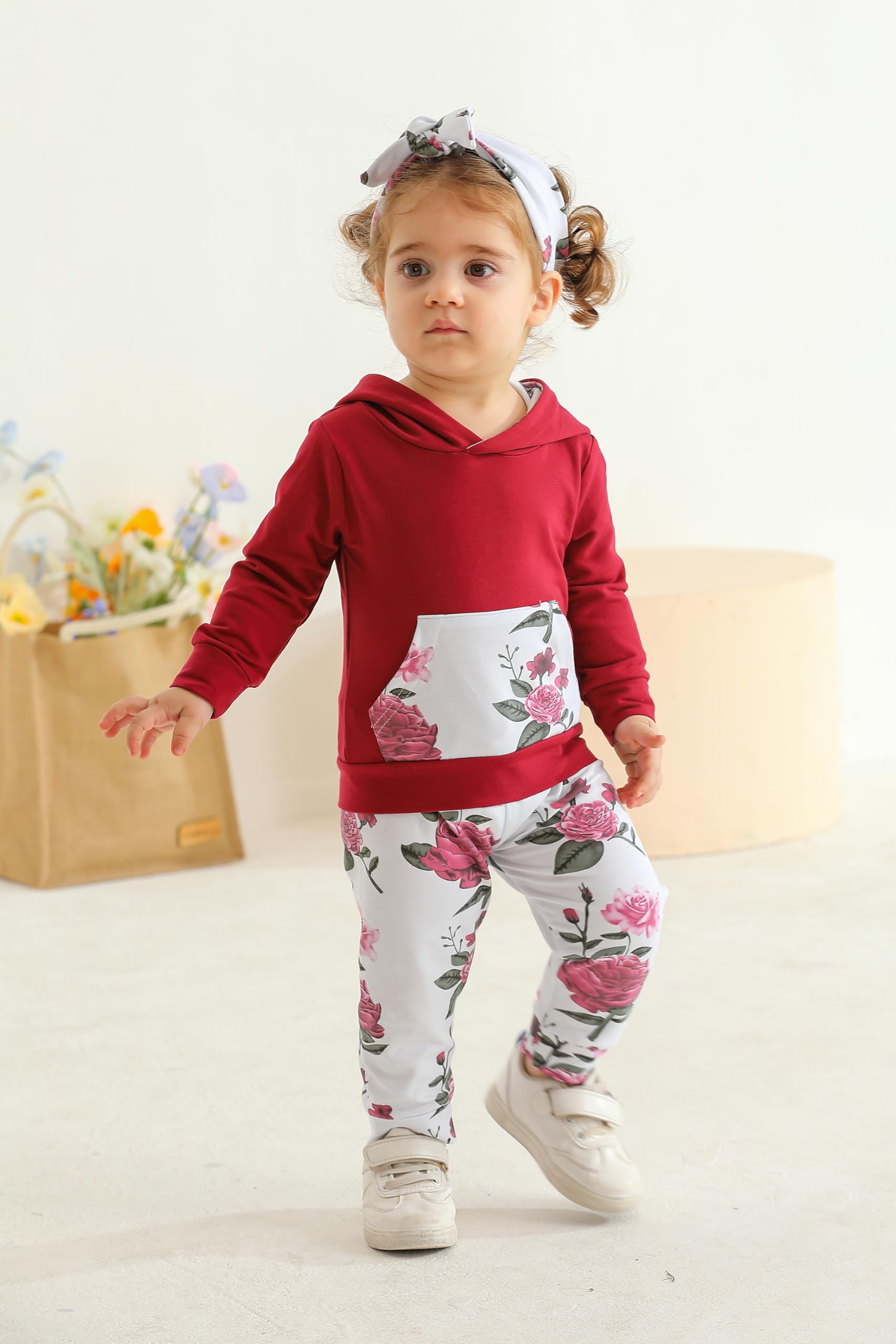Eghunooy Baby Girl Outfit Set - Floral Long Sleeve Hoodie Sweatshirt & Pants with Pocket & Headband | Cute Toddler Clothes for Playdates, Photoshoots & Everyday Wear