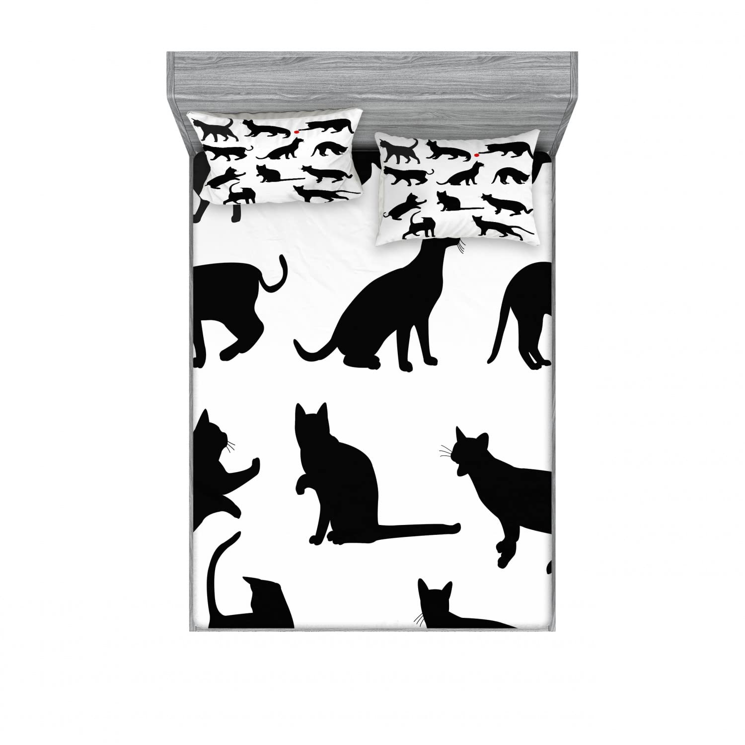 Ambesonne 2-Piece Cat Print Queen Size Bedding Set - 2 Fitted Sheets & 4 Pillow Shams with Red Ball Animal Kittens Design in Vermilion Black | Soft & Durable for Bedroom Decor | Perfect for Cat Lovers' Home, Guest Room or Dormitory