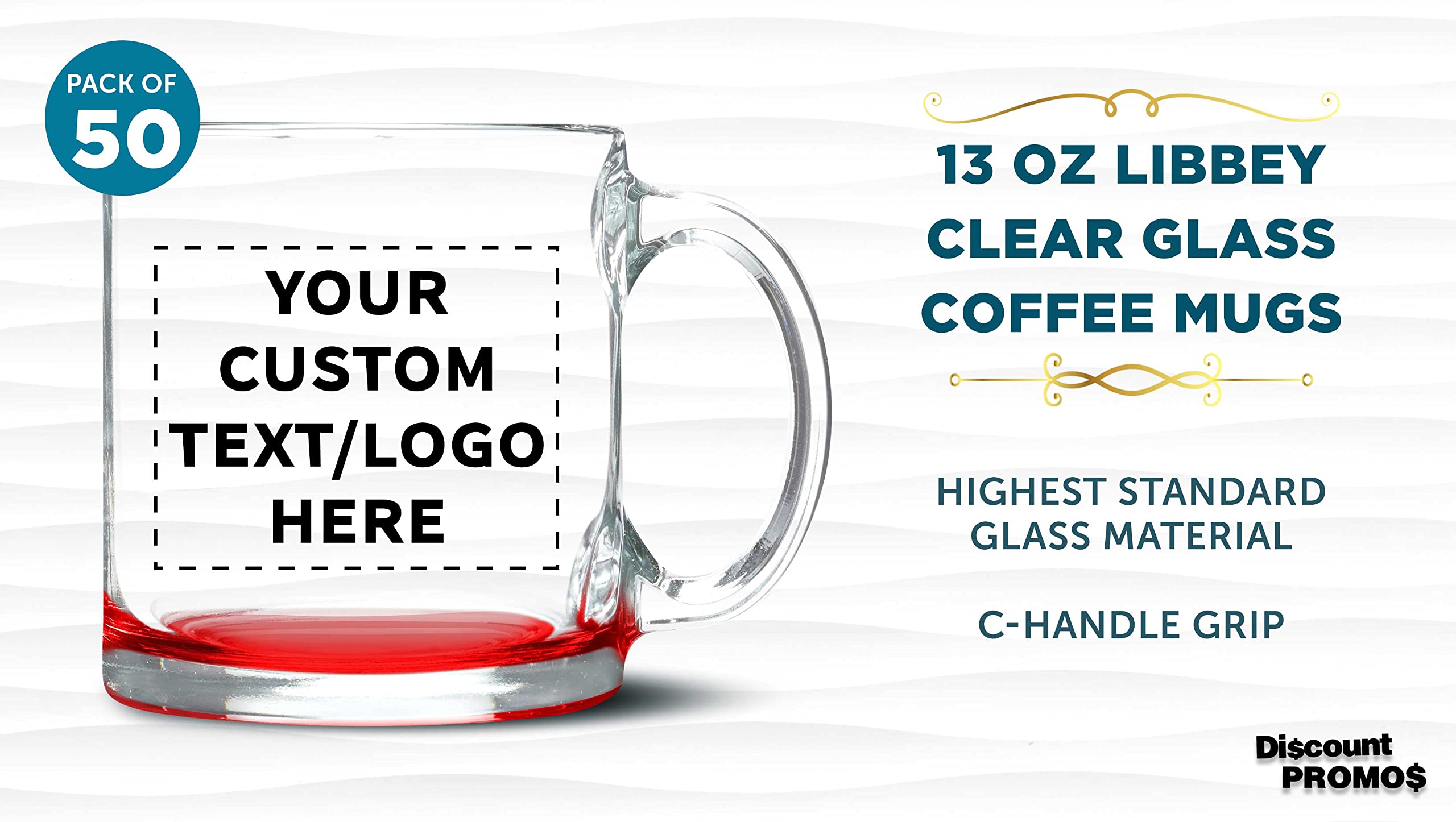 Personalized 13 oz Clear Glass Coffee Mugs Set of 50 - Bulk Libbey Custom Mugs for Coffee, Tea, Espresso & Hot Cocoa - Red Bottom - Ideal for Restaurants, Cafes, Offices & Events