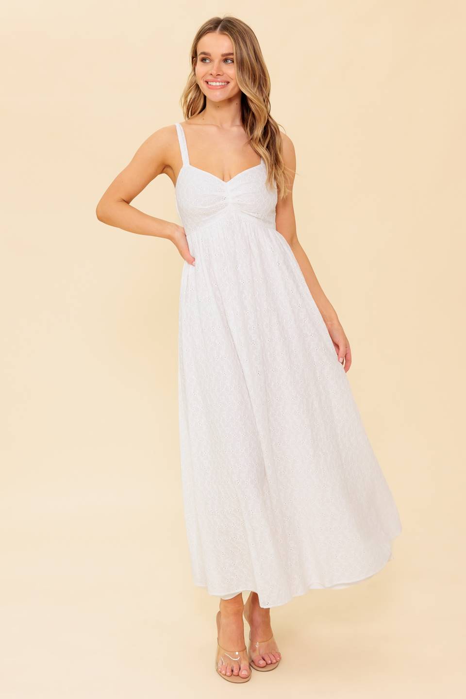 LOVE OF MINE Ivory Eyelet Midi Dress - Elegant Summer Wedding Guest Dress for Women | Perfect for Beach Parties, Garden Events & Romantic Dates
