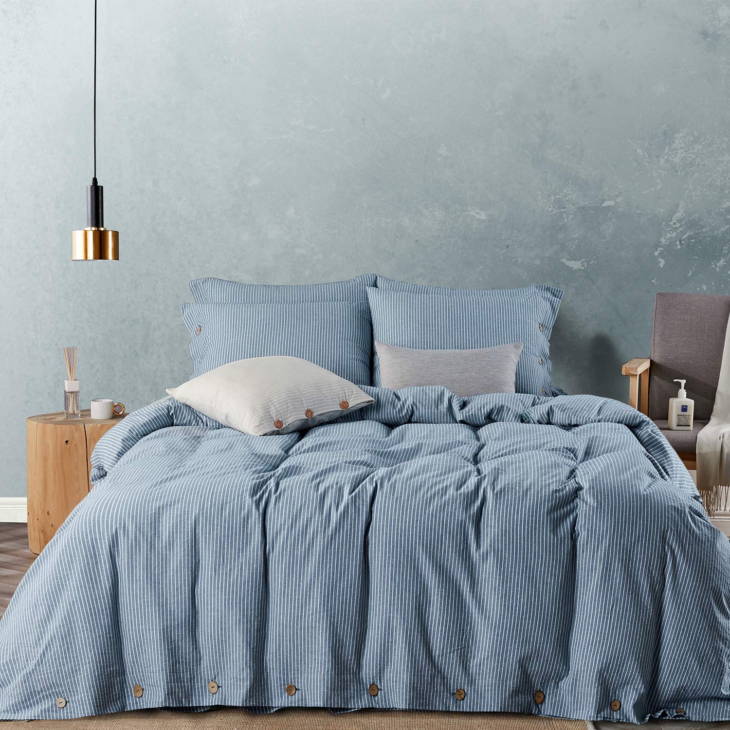 JELLYMONI 100% Washed Cotton Duvet Cover Set - Twin Size Blue & White Striped Bedding | 3-Piece Soft Button Closure Set | Perfect for Guest Rooms, Dorms & Coastal Decor