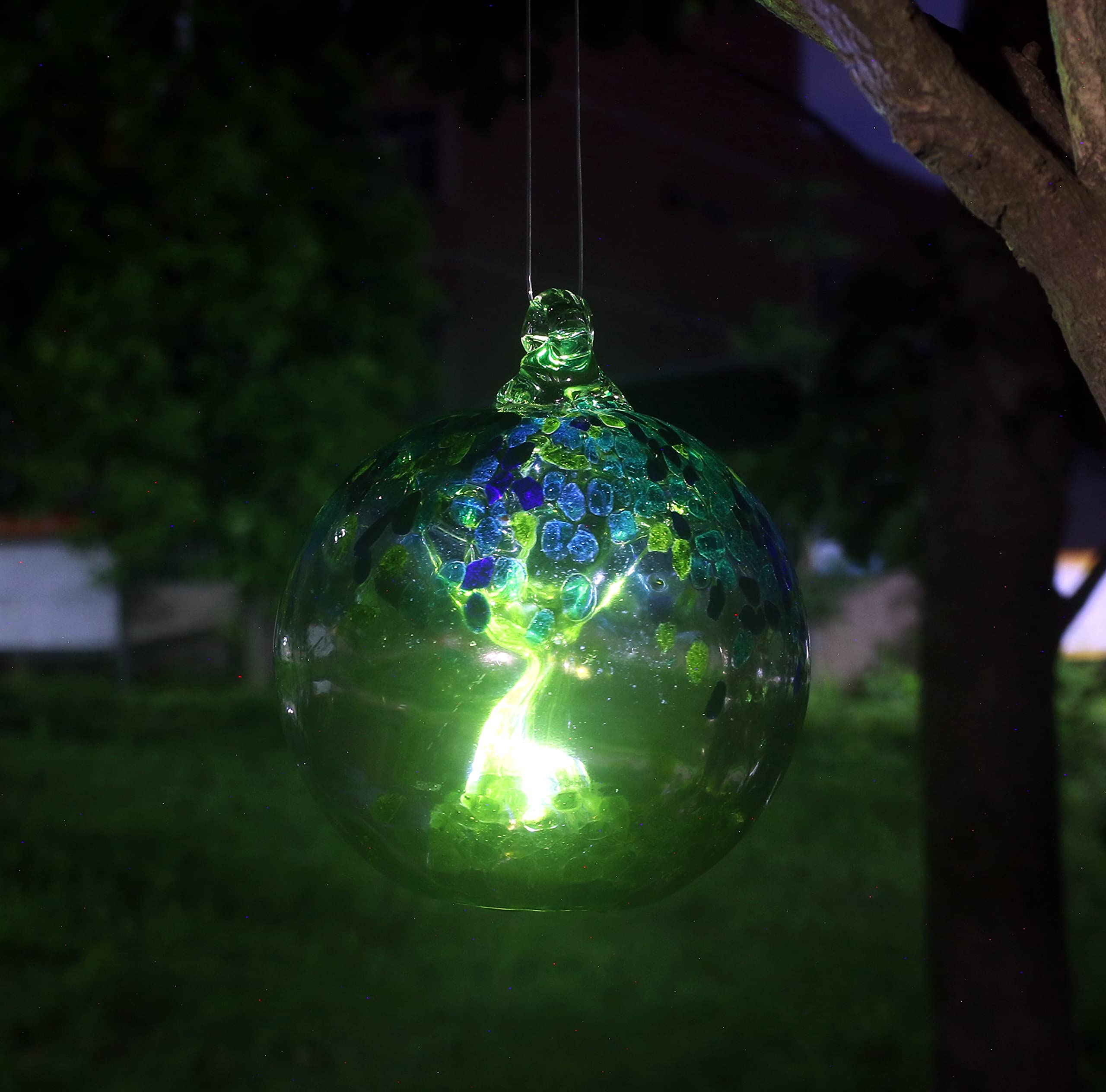5.5-Inch Solar Powered Hanging Glass Gazing Ball - Outdoor Garden Decor in Green, Aqua & Blue - Perfect for Patio, Yard & Landscape Decoration at Night