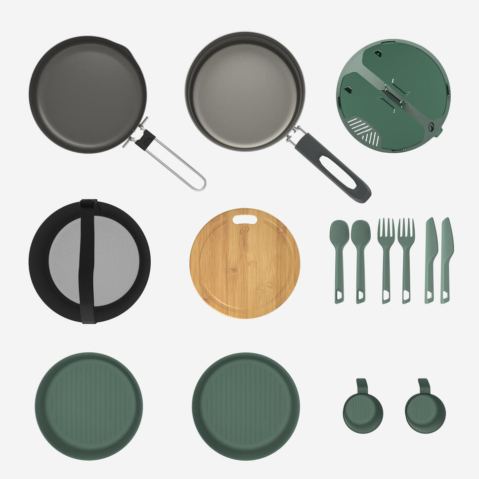 Quechua 500 15-Piece Stainless Steel Non-Stick Camping Cookware Set for 2 People - Lightweight Outdoor Cooking Kit for Hiking, Backpacking & Camping Trips