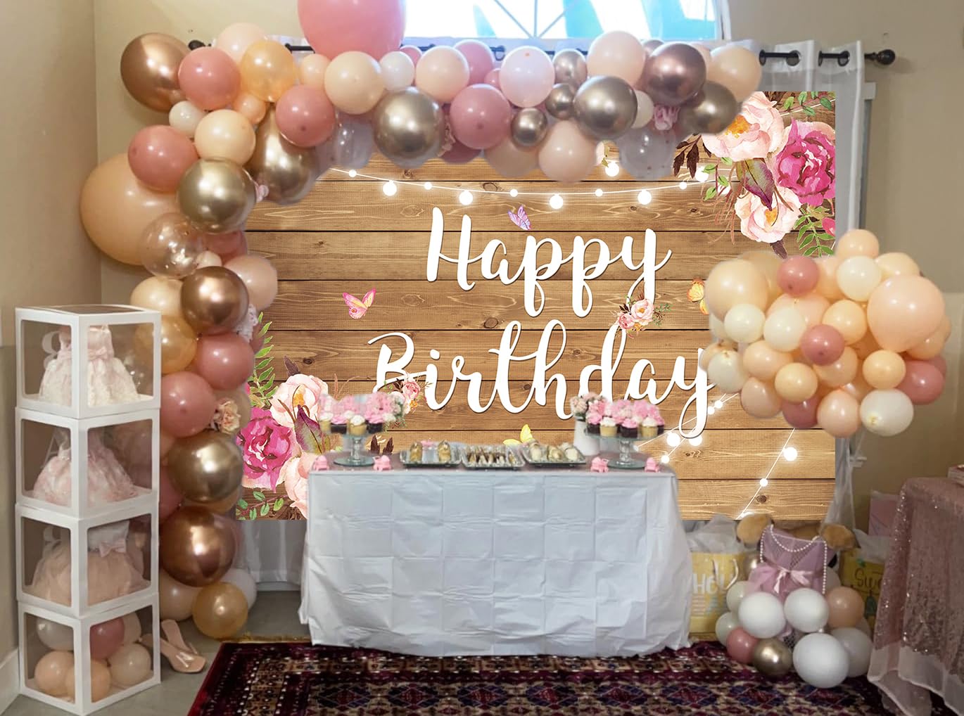 Rustic Wood Floral Birthday Backdrop - Spring Flower Wood Glitter Photography Background for Women, Kids & Adults - Perfect for Birthday Parties, Weddings, Photo Booths, Cake Table Decorations and Special Events