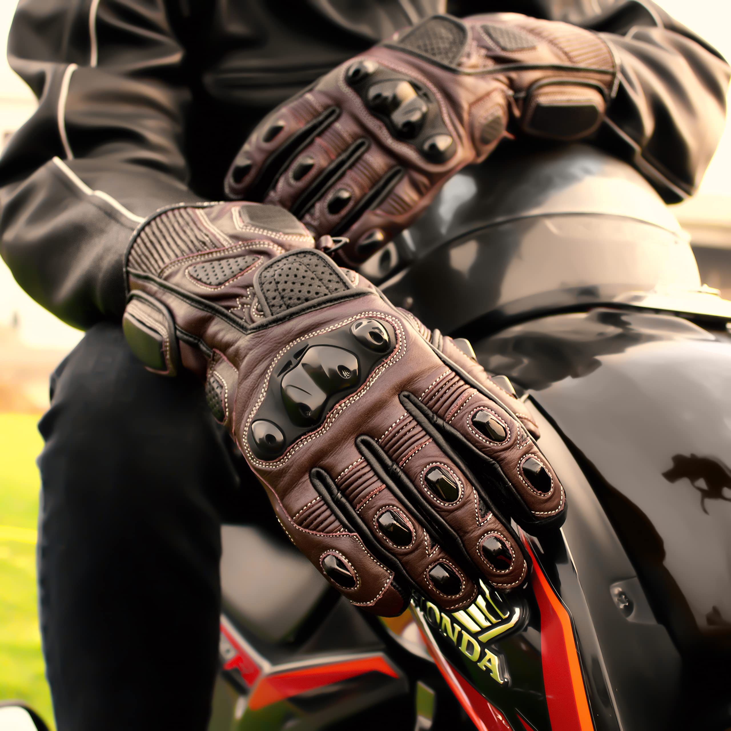 Genuine Leather Full Gauntlet Motorcycle Gloves - Street & Racing Gloves with Knuckle Protection & Touchscreen Compatibility - Perfect for Cruiser, Touring & Commuter Riding