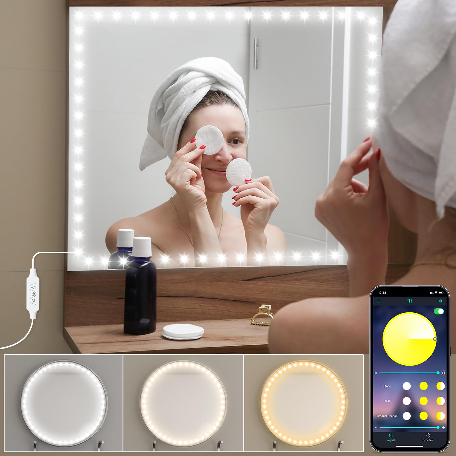 MATICOD 13FT Dimmable LED Vanity Mirror Lights with Button & App Control - Adjustable Color & Brightness for Makeup, Bathroom, and Home Decor Lighting