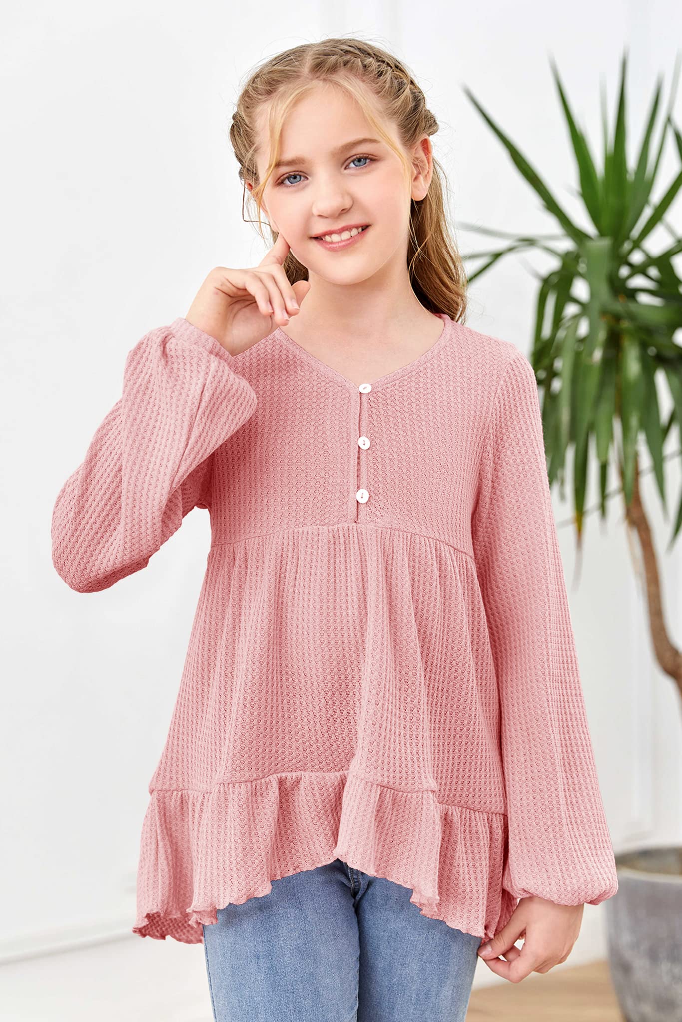 Girls Waffle Knit Tunic Top - Baby Doll Peplum Blouse with Ruffles & Flowy Long Sleeves - Loose Fit High-Low Jumper for Kids | Perfect for School, Playdates & Casual Outfits